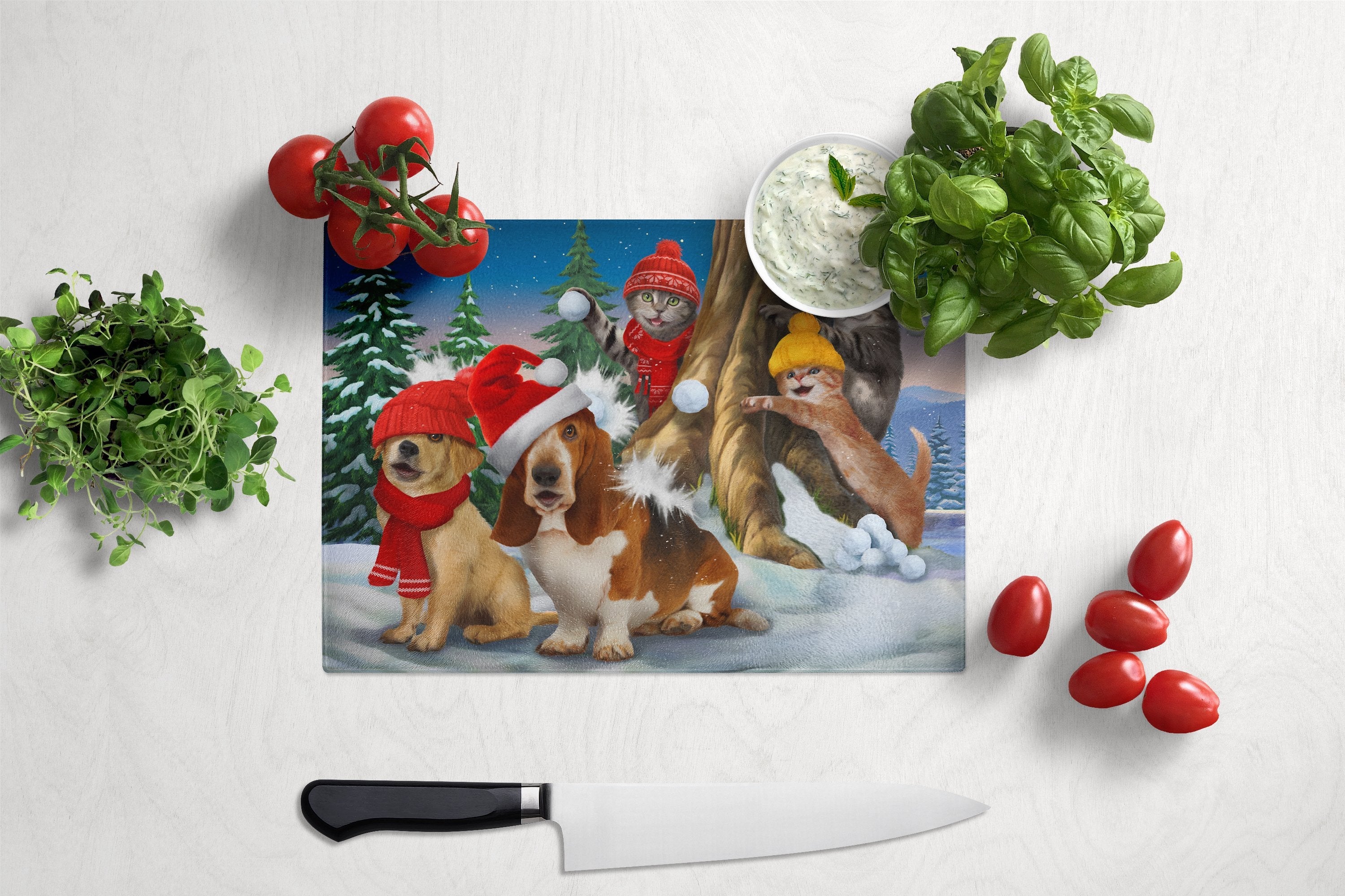 Basset, Golden and Cats Snowball Fight Cutting Board Tempered Glass Kitchen Cutting Surface, Heat Resistant Chopping, Non-Slip Feet, Food Prep & Serving