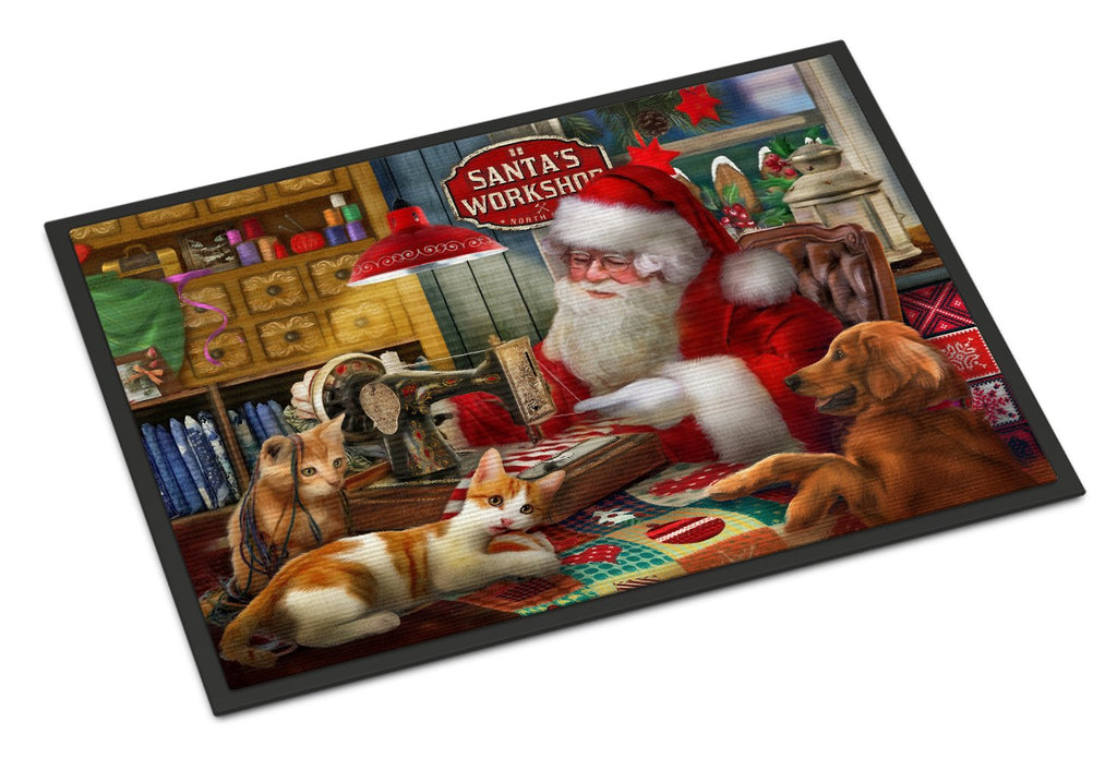 Santa's Workshop, Golden Retriever and Cats Doormat Indoor Outdoor 24H X 36W Front Door Mat Rugs for Entryway, Non Slip Washable Low Pile,