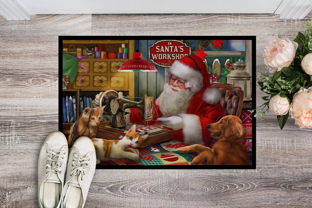 Santa's Workshop, Golden Retriever and Cats Doormat Indoor Outdoor 24H X 36W Front Door Mat Rugs for Entryway, Non Slip Washable Low Pile,