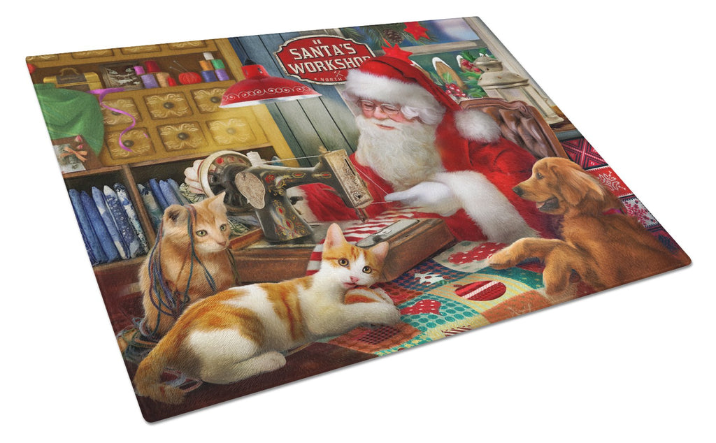 Santa's Workshop, Golden Retriever and Cats Cutting Board Tempered Glass Kitchen Cutting Surface, Heat Resistant Chopping, Non-Slip Feet, Food Prep & Serving