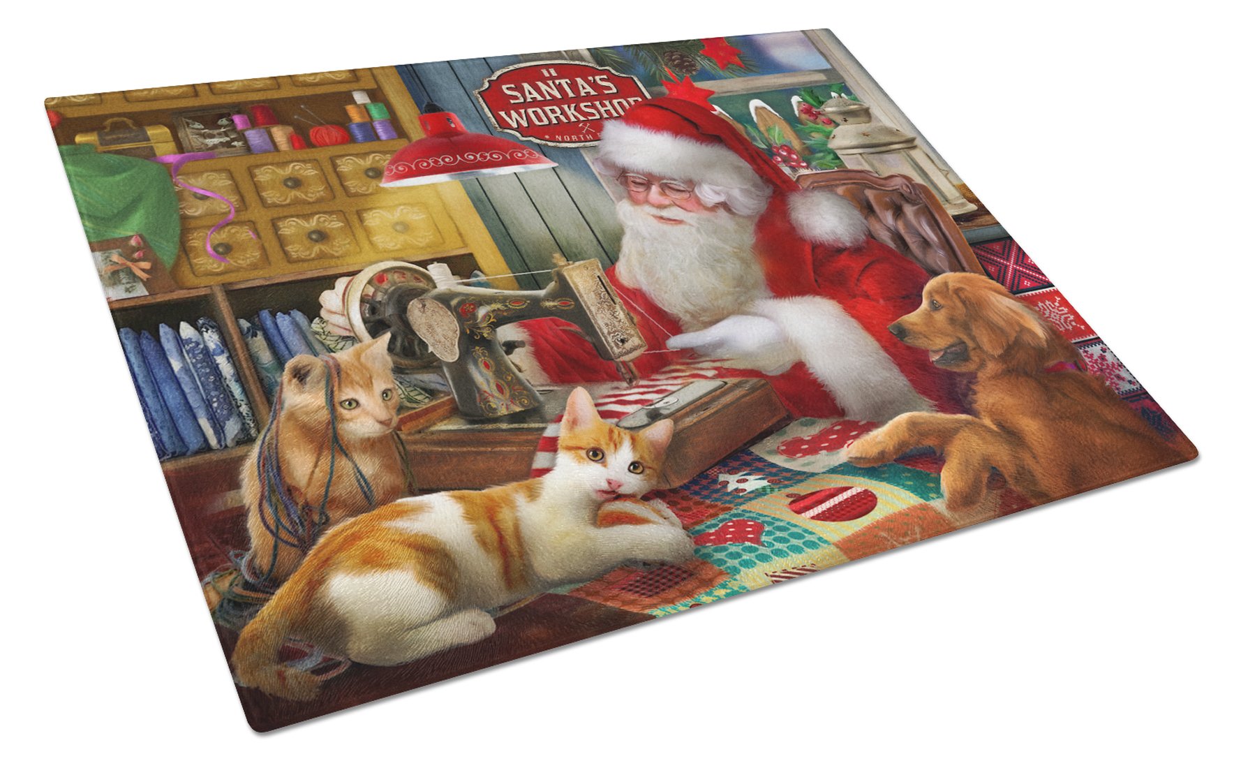 Santa's Workshop, Golden Retriever and Cats Cutting Board Tempered Glass Kitchen Cutting Surface, Heat Resistant Chopping, Non-Slip Feet, Food Prep & Serving