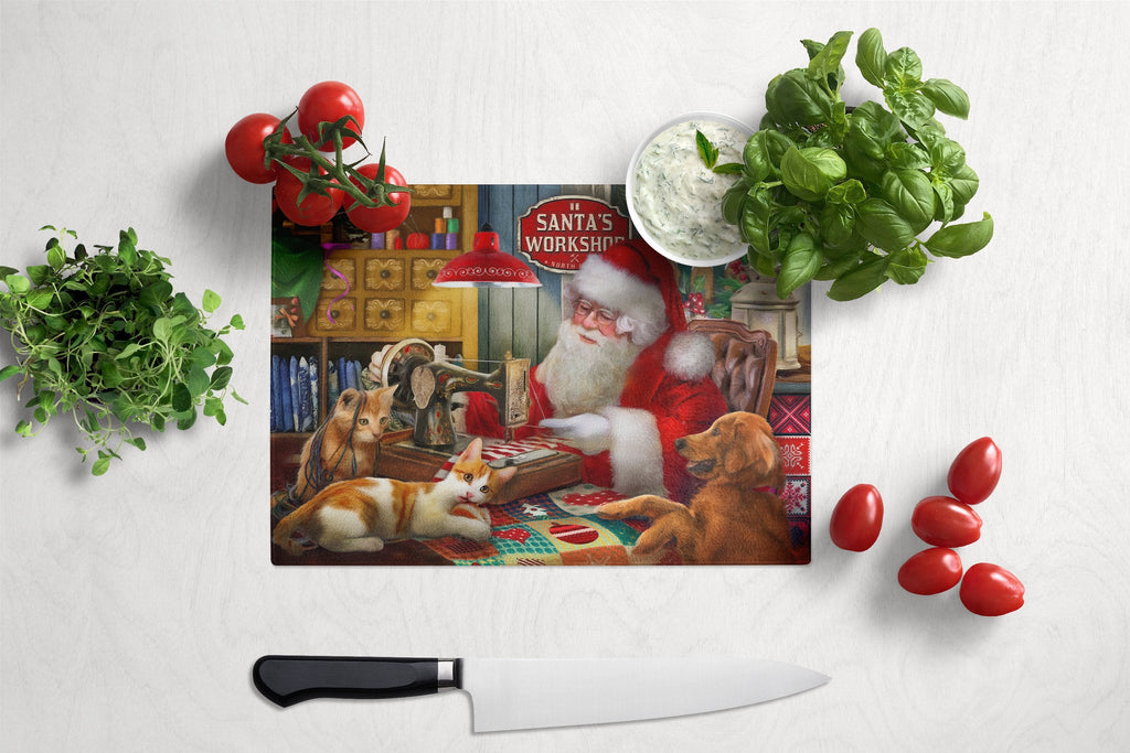 Santa's Workshop, Golden Retriever and Cats Cutting Board Tempered Glass Kitchen Cutting Surface, Heat Resistant Chopping, Non-Slip Feet, Food Prep & Serving
