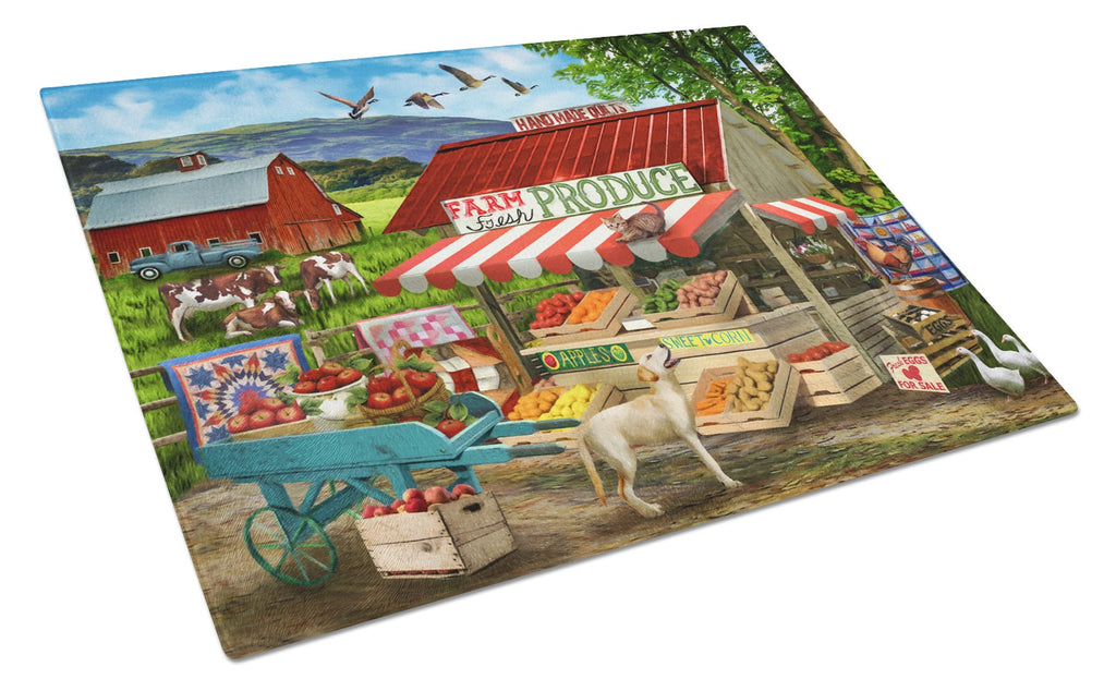 Produce Stand Yellow Lab and Cows Cutting Board Tempered Glass Kitchen Cutting Surface, Heat Resistant Chopping, Non-Slip Feet, Food Prep & Serving