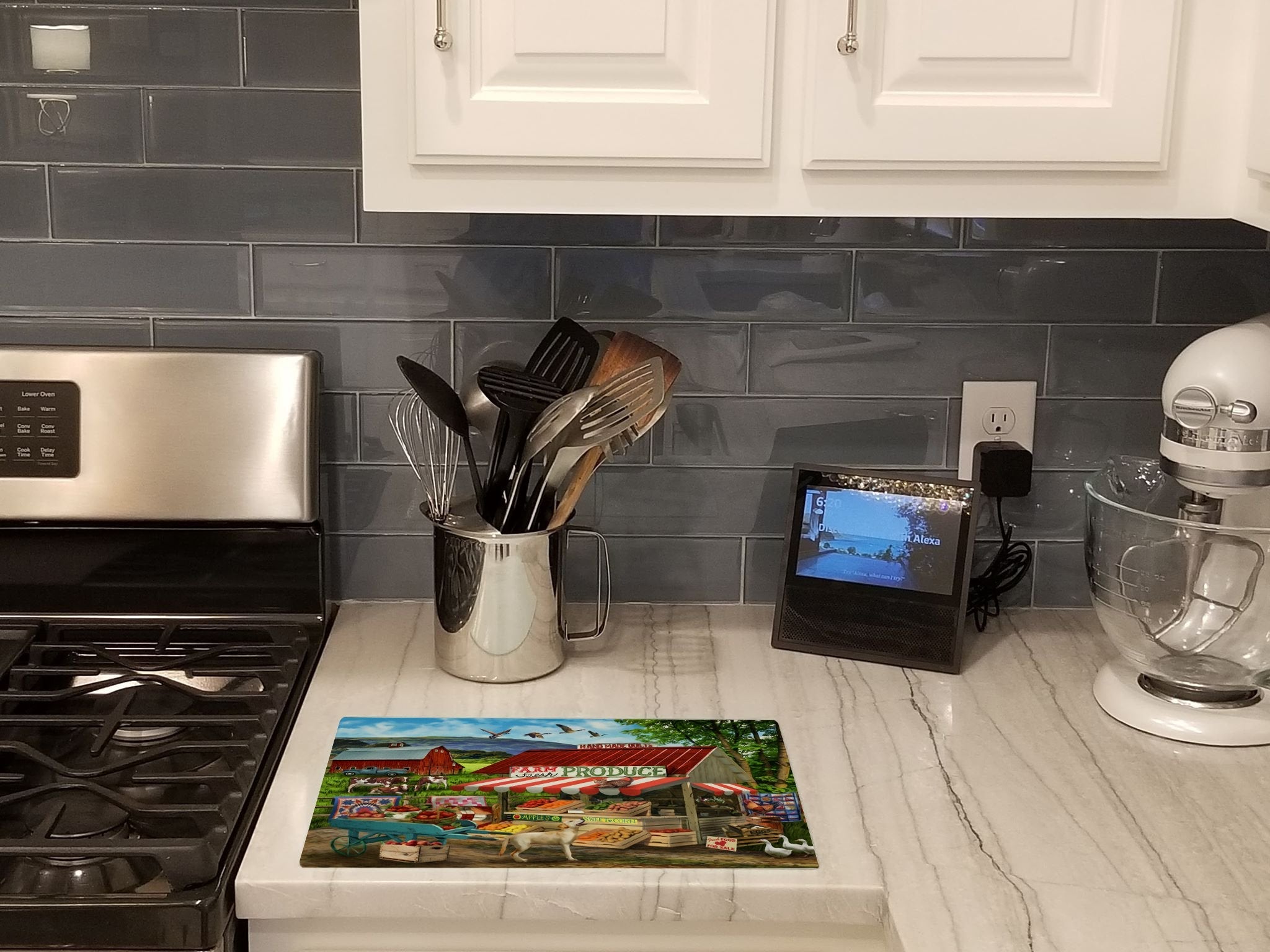 Produce Stand Yellow Lab and Cows Cutting Board Tempered Glass Kitchen Cutting Surface, Heat Resistant Chopping, Non-Slip Feet, Food Prep & Serving