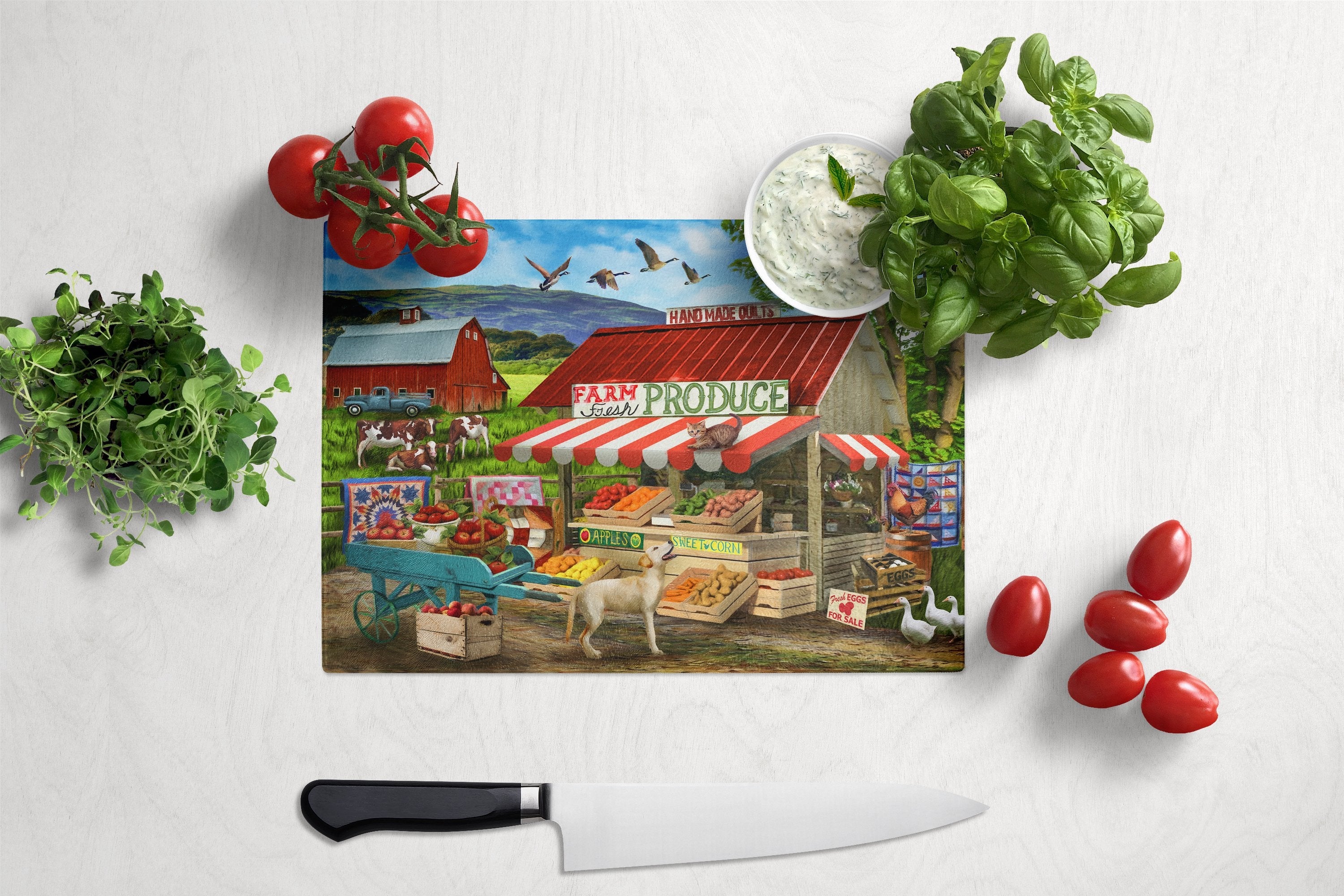 Produce Stand Yellow Lab and Cows Cutting Board Tempered Glass Kitchen Cutting Surface, Heat Resistant Chopping, Non-Slip Feet, Food Prep & Serving