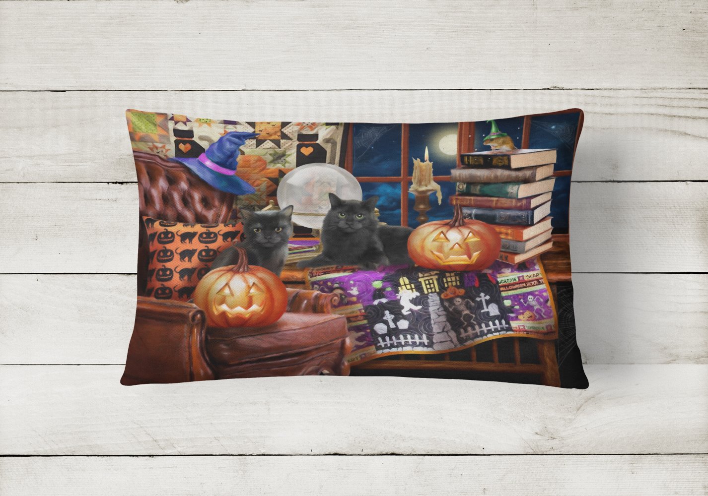 Halloween Black Cats Our Favorite Time Decorative Throw Pillow 12x16 Indoor Outdoor Accent Cushion, Fabric Cover with Insert for Sofa, Bed, Porch & Living Room