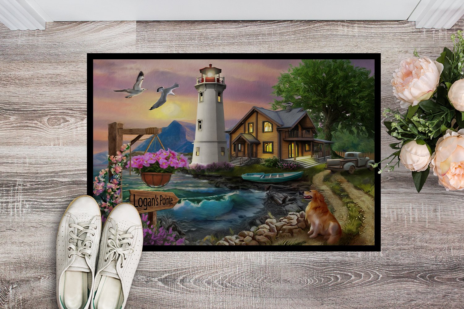 Logan's Pointe Lighthouse Golden Retriever Doormat Indoor Outdoor 24H X 36W Front Door Mat Rugs for Entryway, Non Slip Washable Low Pile,