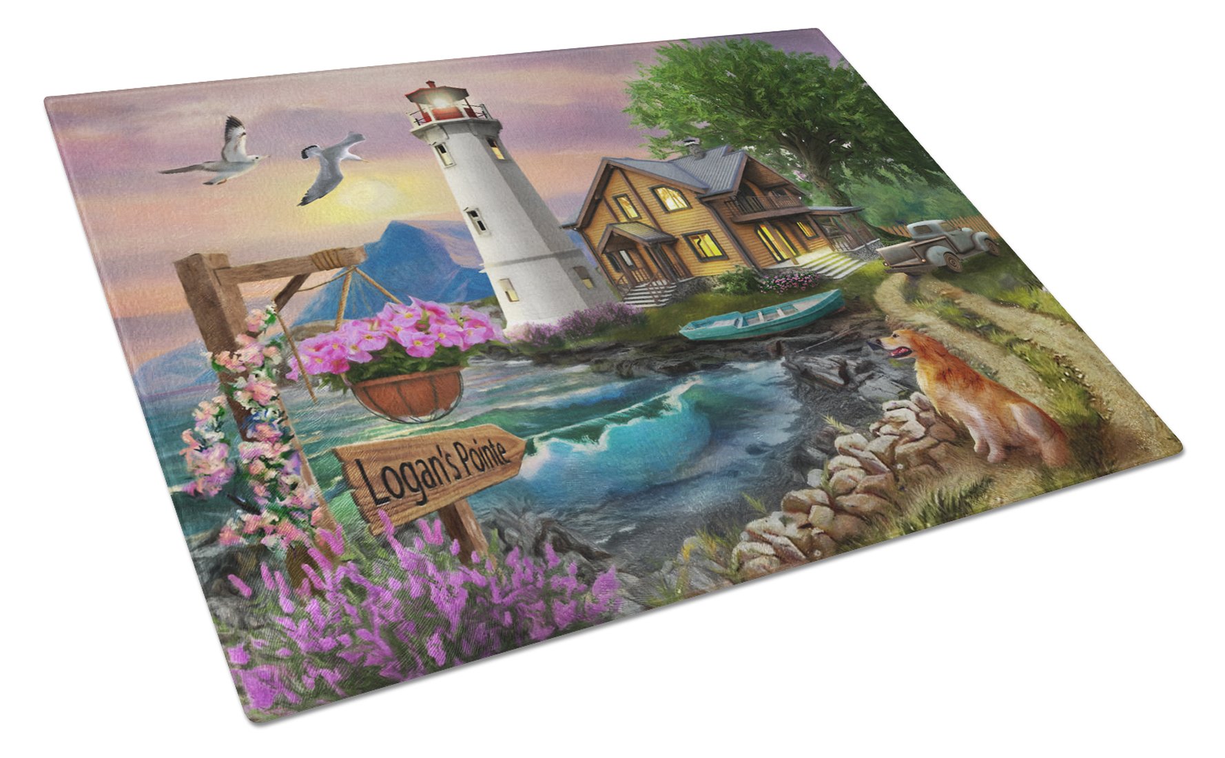 Logan's Pointe Lighthouse Golden Retriever Cutting Board Tempered Glass Kitchen Cutting Surface, Heat Resistant Chopping, Non-Slip Feet, Food Prep & Serving