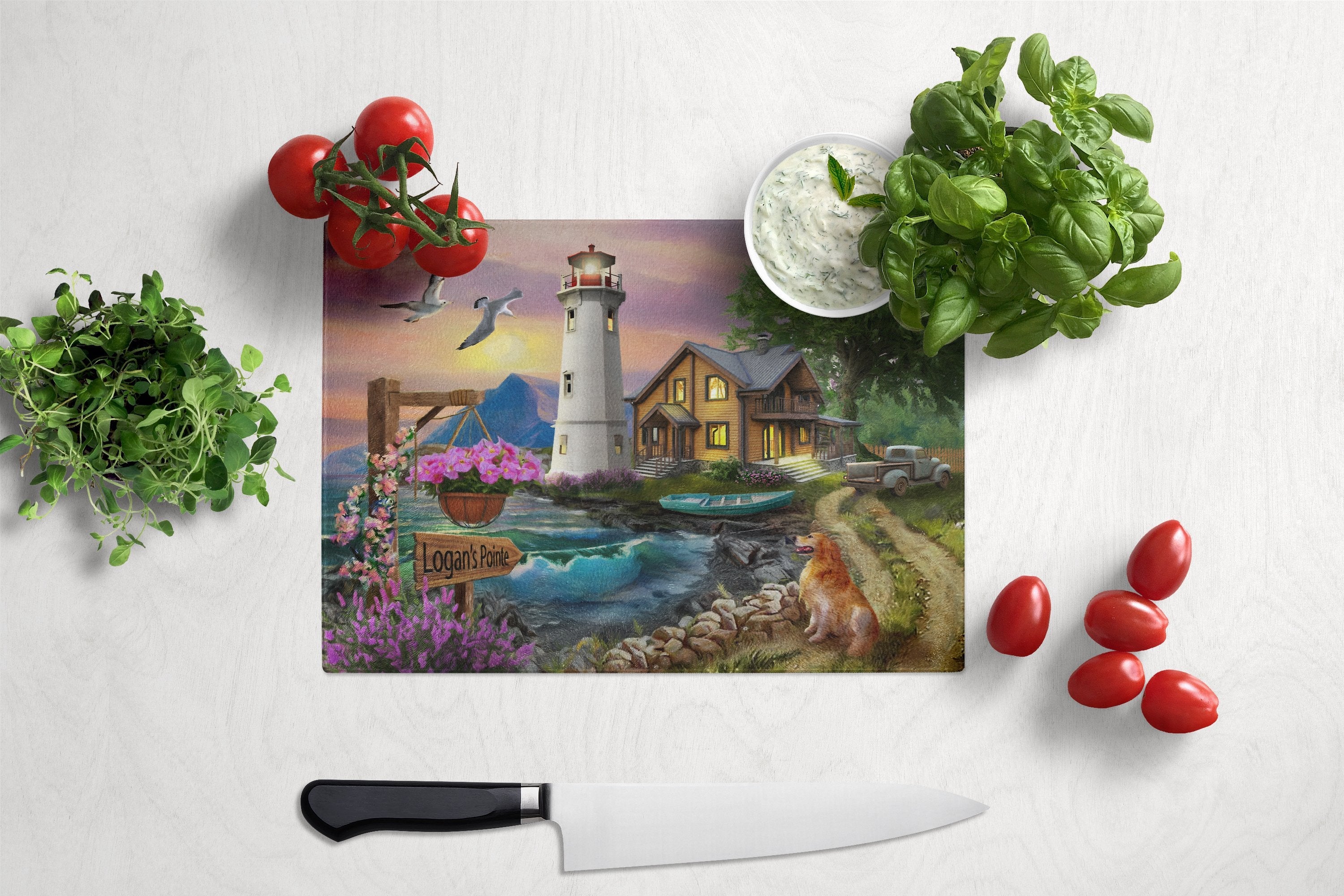Logan's Pointe Lighthouse Golden Retriever Cutting Board Tempered Glass Kitchen Cutting Surface, Heat Resistant Chopping, Non-Slip Feet, Food Prep & Serving