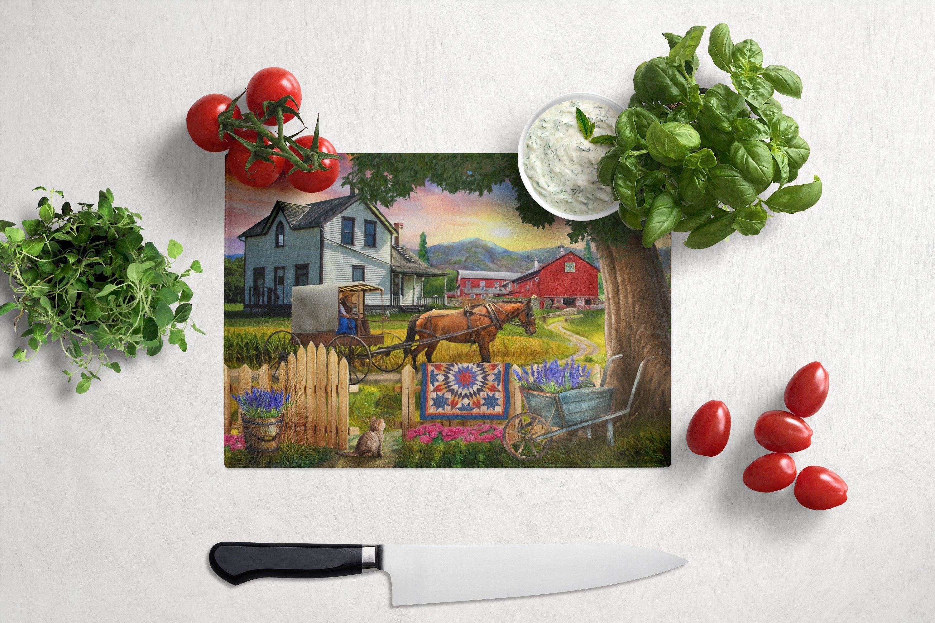 Headed Home for Dinner Farm Cutting Board Tempered Glass Kitchen Cutting Surface, Heat Resistant Chopping, Non-Slip Feet, Food Prep & Serving