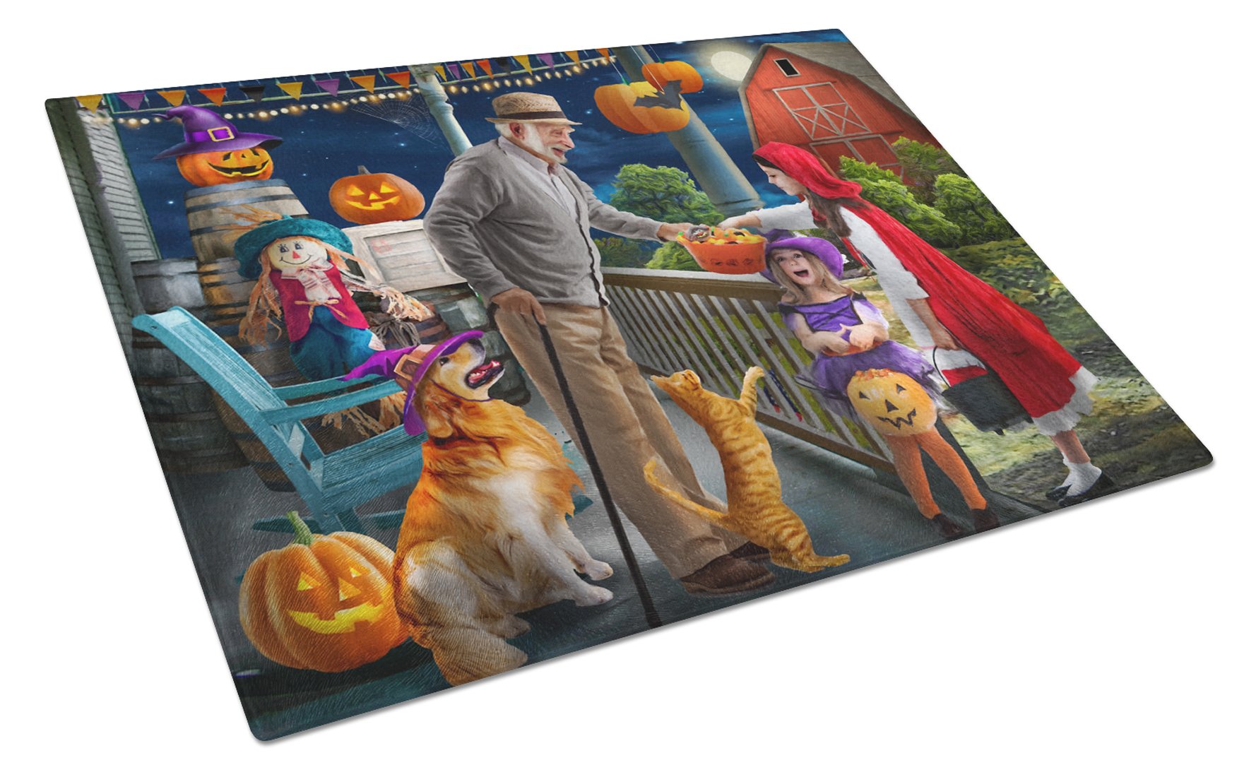 Halloween at Grandpa's Golden Retriever Cutting Board Tempered Glass Kitchen Cutting Surface, Heat Resistant Chopping, Non-Slip Feet, Food Prep & Serving