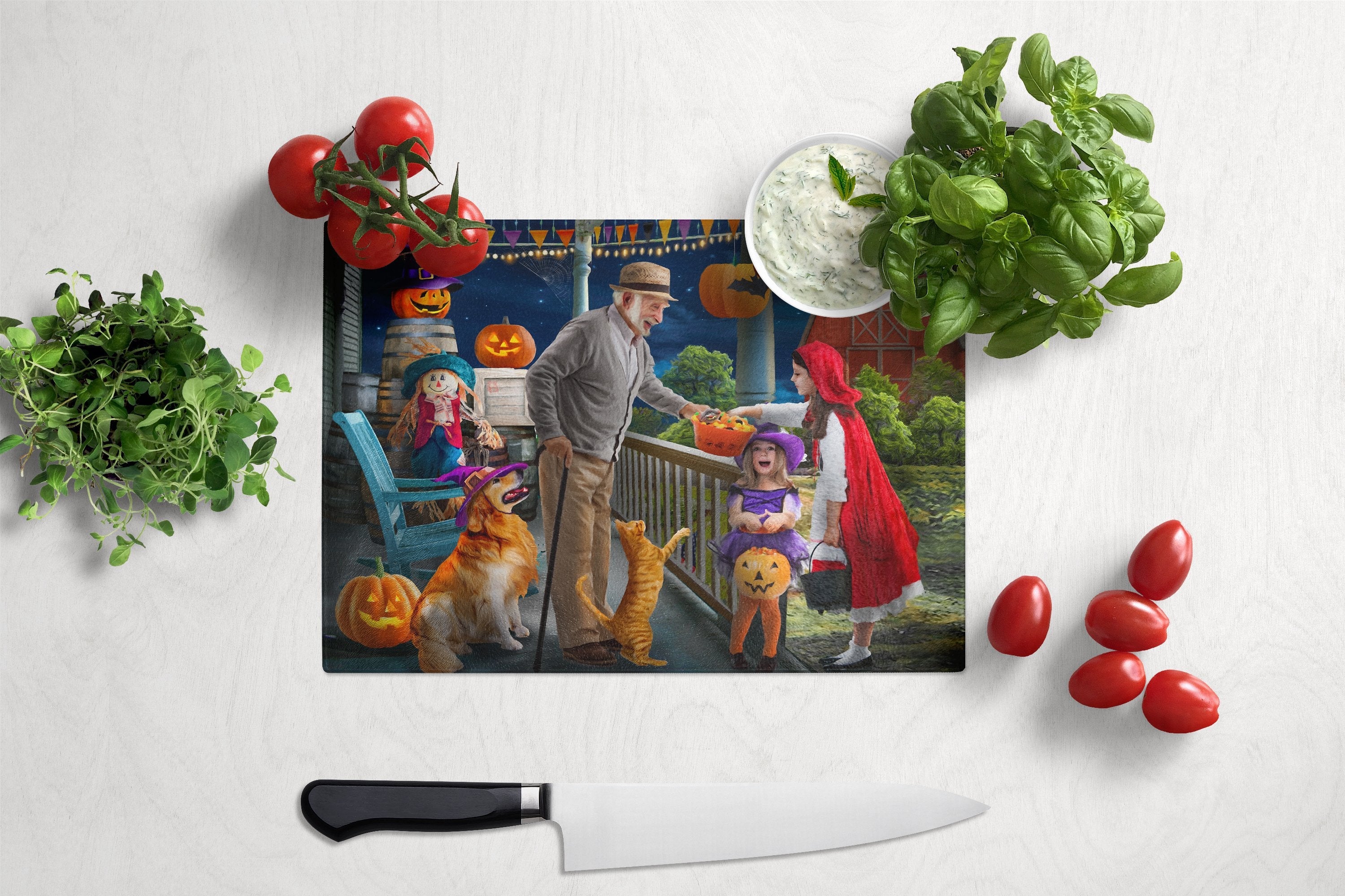 Halloween at Grandpa's Golden Retriever Cutting Board Tempered Glass Kitchen Cutting Surface, Heat Resistant Chopping, Non-Slip Feet, Food Prep & Serving
