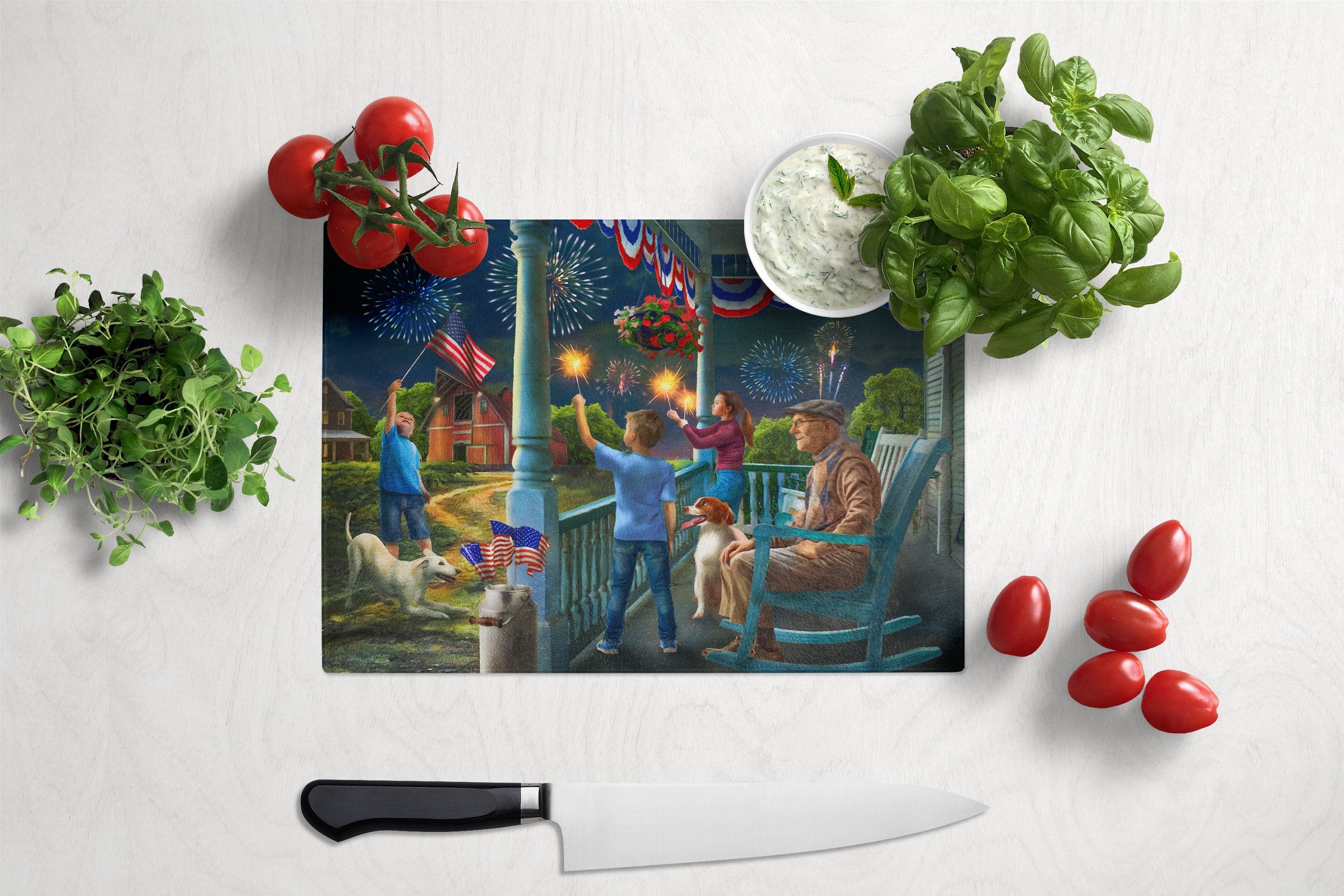 4th of July at Grandpa's USA Cutting Board Tempered Glass Kitchen Cutting Surface, Heat Resistant Chopping, Non-Slip Feet, Food Prep & Serving