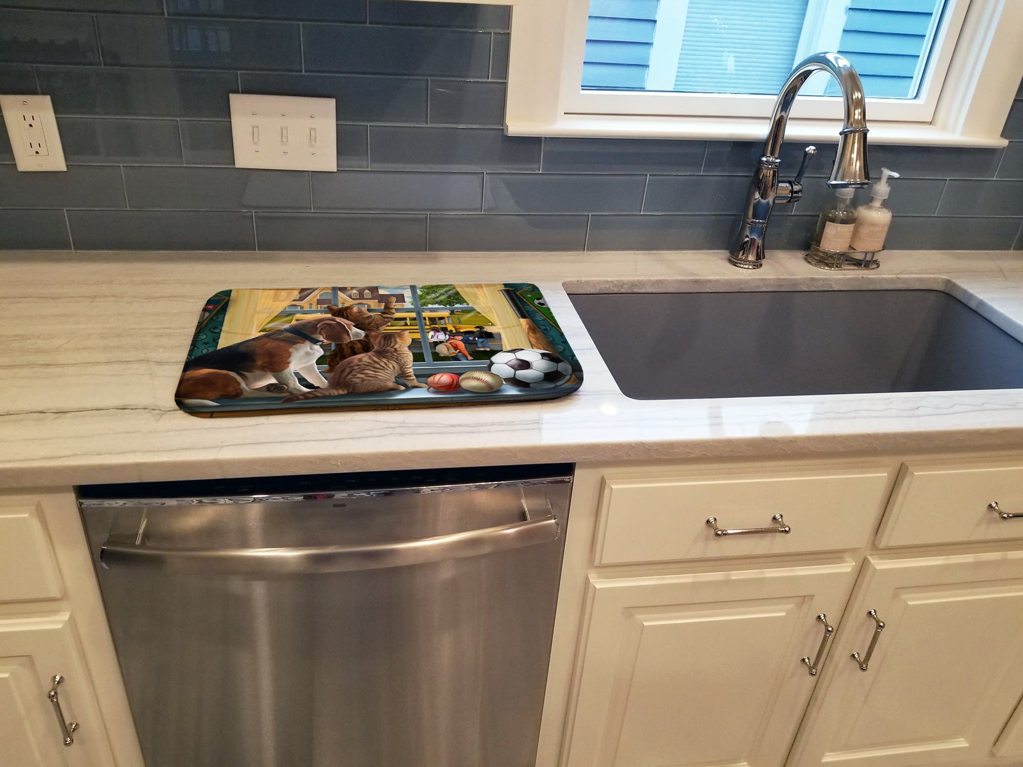 Beagle, Cats Back to School Dish Drying Mat Absorbent Dish Drying Mat Pad for Kitchen Counter Dish Drainer Mat for Countertop, 14 x 21", Multicolor