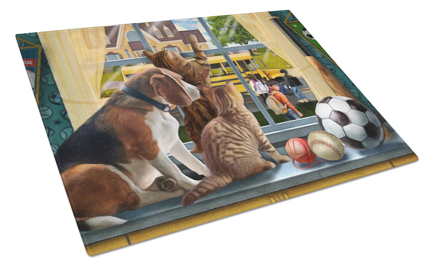 Beagle, Cats Back to School Cutting Board Tempered Glass Kitchen Cutting Surface, Heat Resistant Chopping, Non-Slip Feet, Food Prep & Serving