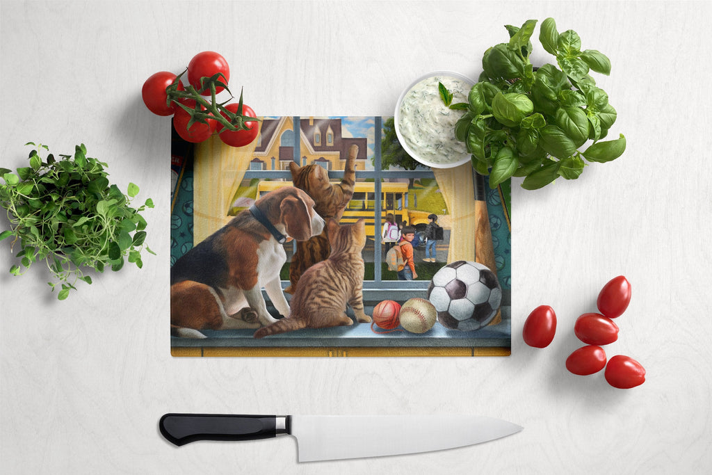 Beagle, Cats Back to School Cutting Board Tempered Glass Kitchen Cutting Surface, Heat Resistant Chopping, Non-Slip Feet, Food Prep & Serving