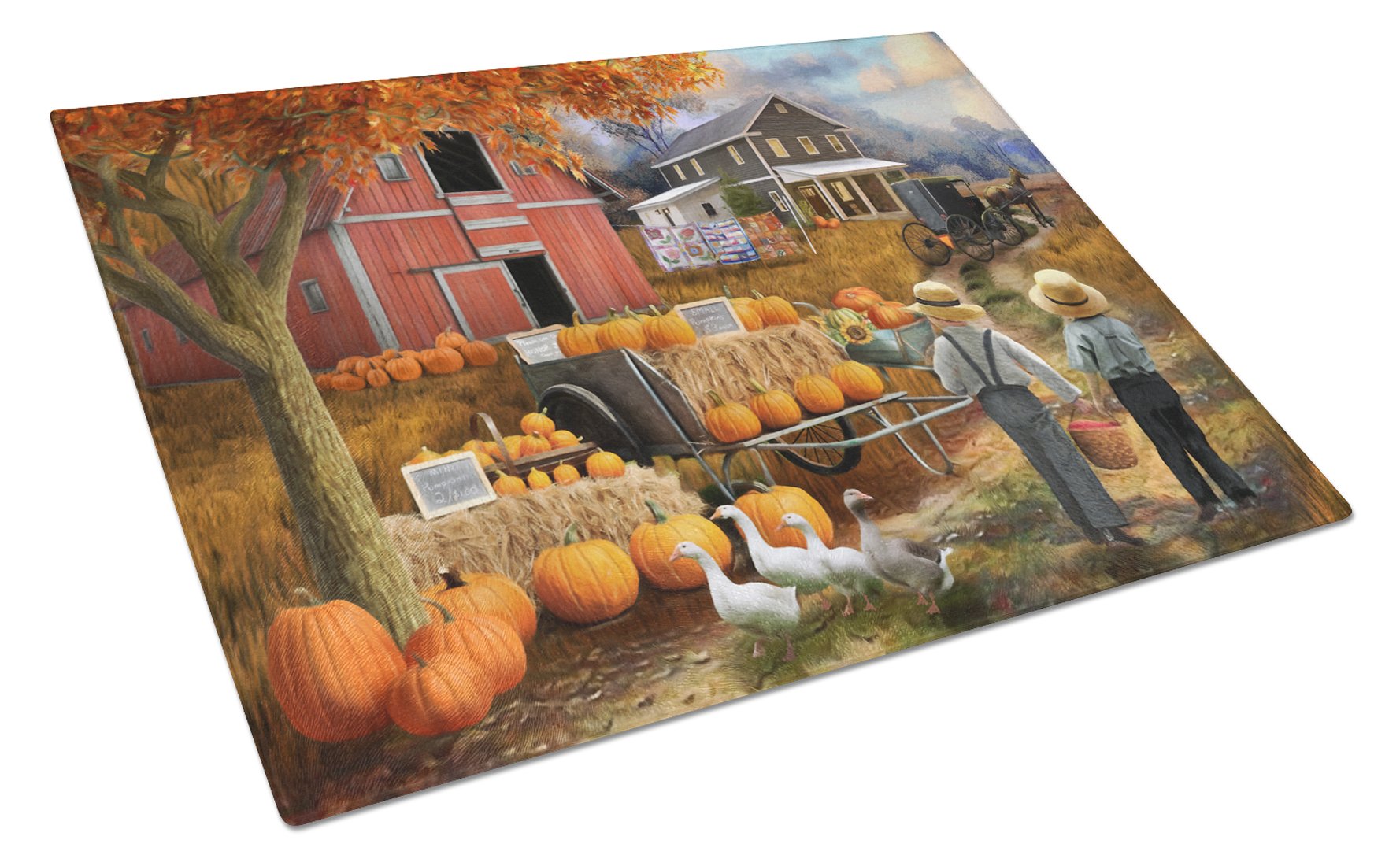Fall Amish Pumpkin Stand Cutting Board Tempered Glass Kitchen Cutting Surface, Heat Resistant Chopping, Non-Slip Feet, Food Prep & Serving