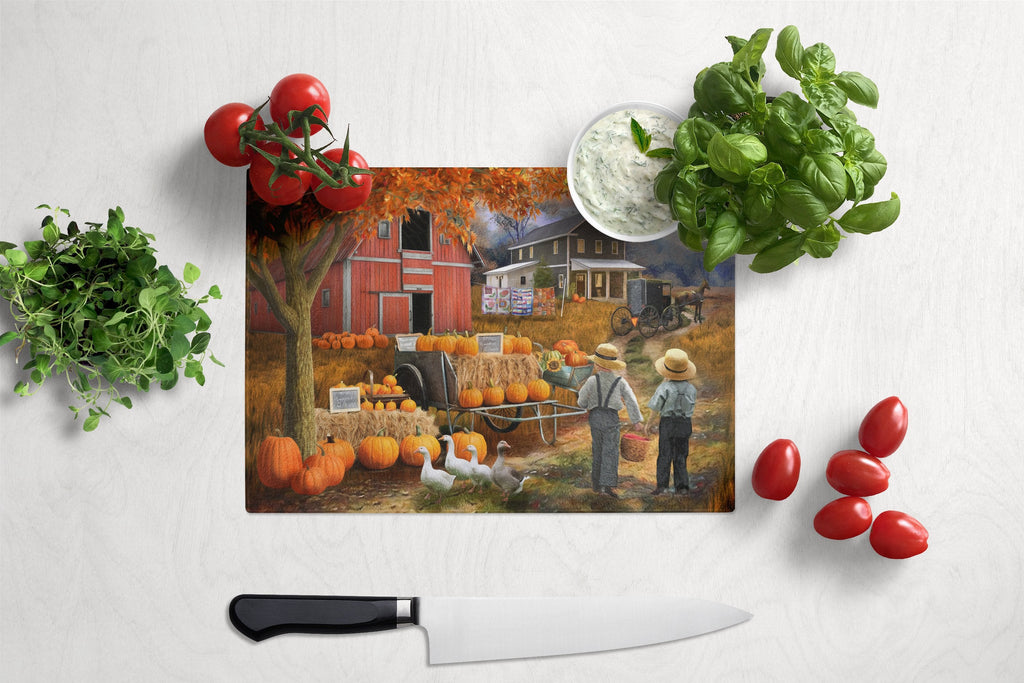 Fall Amish Pumpkin Stand Cutting Board Tempered Glass Kitchen Cutting Surface, Heat Resistant Chopping, Non-Slip Feet, Food Prep & Serving