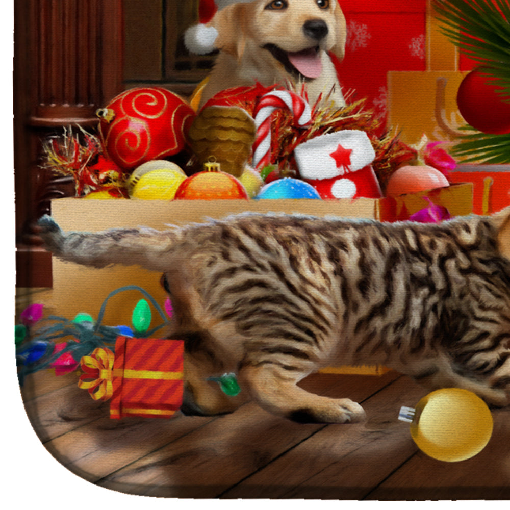 Holiday A Little Christmas Fun Yellow Lab Dish Drying Mat Absorbent Dish Drying Mat Pad for Kitchen Counter Dish Drainer Mat for Countertop, 14 x 21", Multicolor