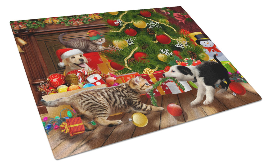 Holiday A Little Christmas Fun Yellow Lab Cutting Board Tempered Glass Kitchen Cutting Surface, Heat Resistant Chopping, Non-Slip Feet, Food Prep & Serving