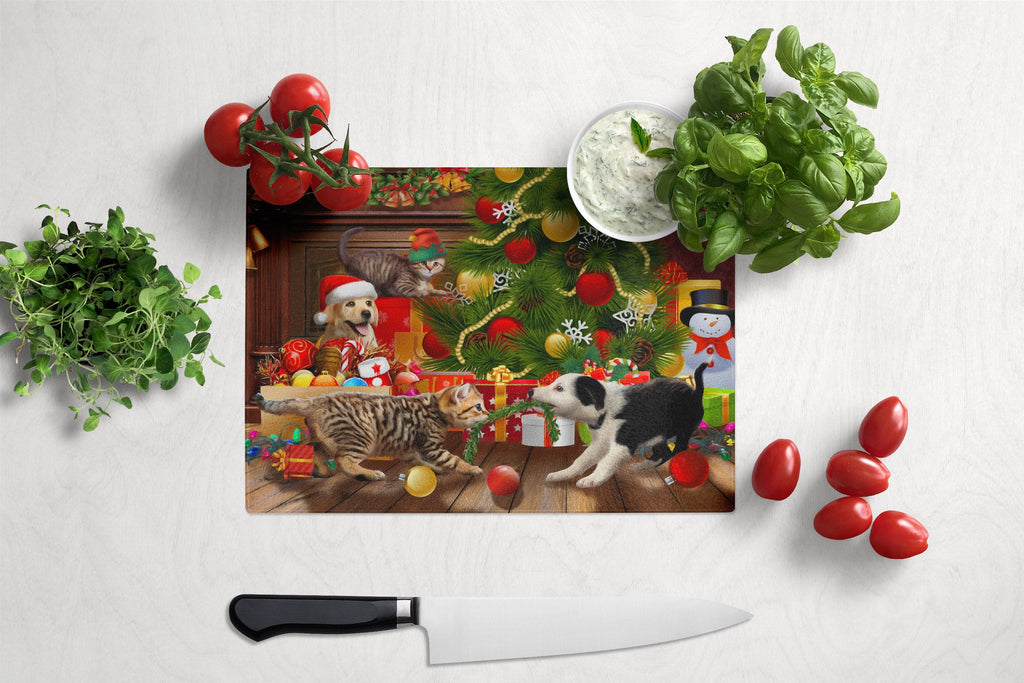 Holiday A Little Christmas Fun Yellow Lab Cutting Board Tempered Glass Kitchen Cutting Surface, Heat Resistant Chopping, Non-Slip Feet, Food Prep & Serving