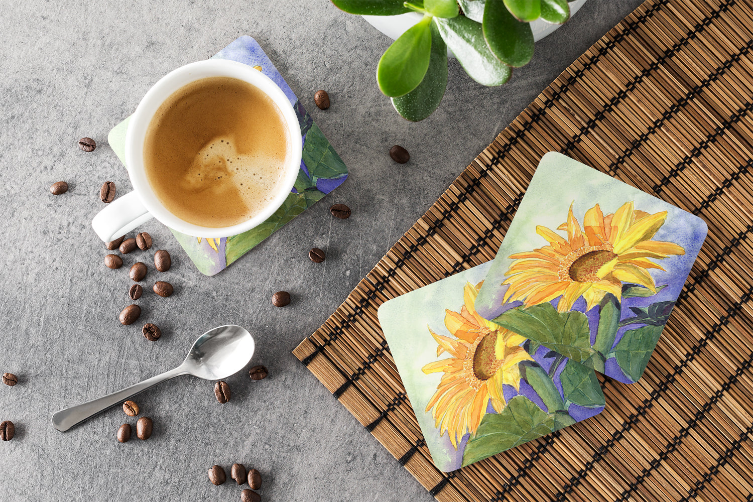 Flower - Sunflower Foam Coasters Set of 4 Cup Coasters for Indoor Outdoor, Tabletop Protection, Anti Slip, Mouse pad Material
