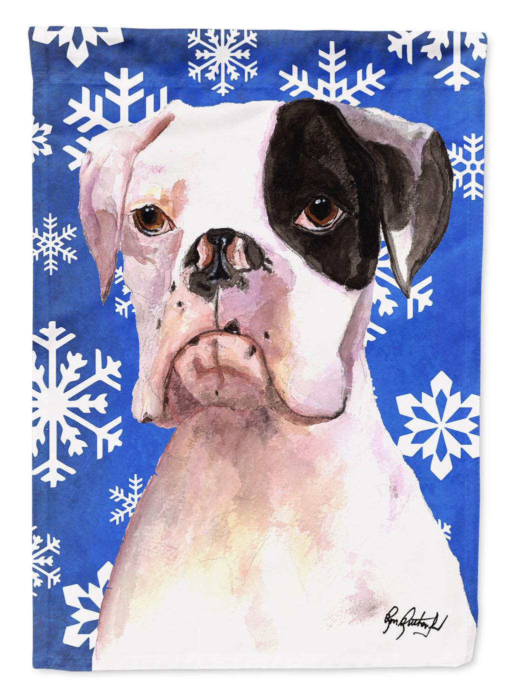 White Boxer Cooper Winter Snowflakes House Flag 28x40 Porch Sleeve Pole Decorative Outside Yard Banner Artwork Wall Hanging, Polyester