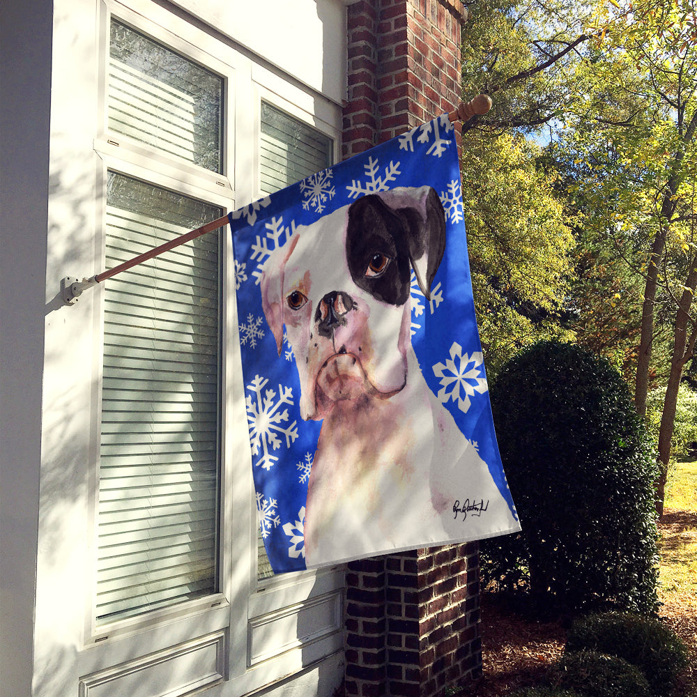 White Boxer Cooper Winter Snowflakes House Flag 28x40 Porch Sleeve Pole Decorative Outside Yard Banner Artwork Wall Hanging, Polyester