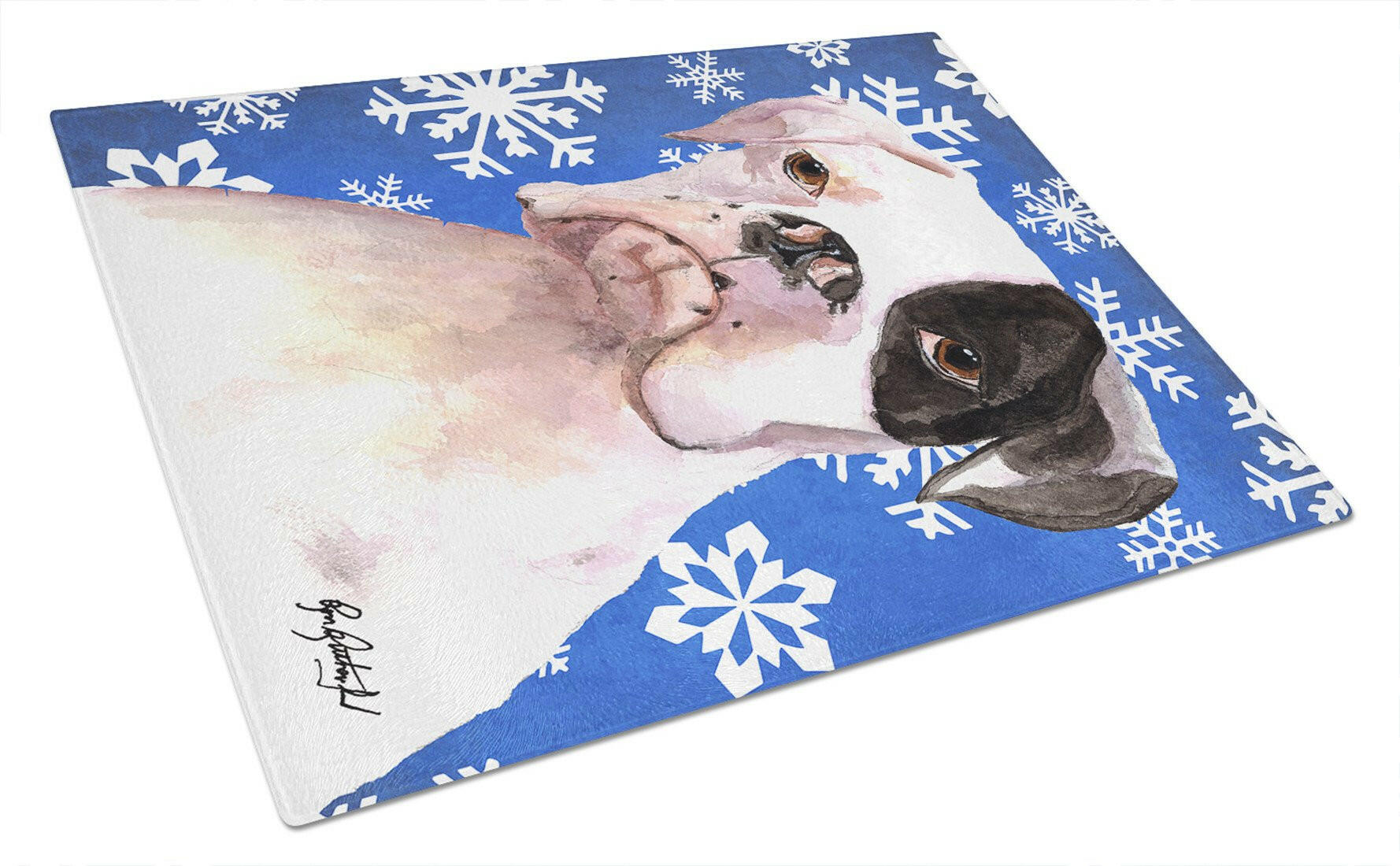 White Boxer Cooper Winter Snowflakes Cutting Board Tempered Glass Kitchen Cutting Surface, Heat Resistant Chopping, Non-Slip Feet, Food Prep & Serving
