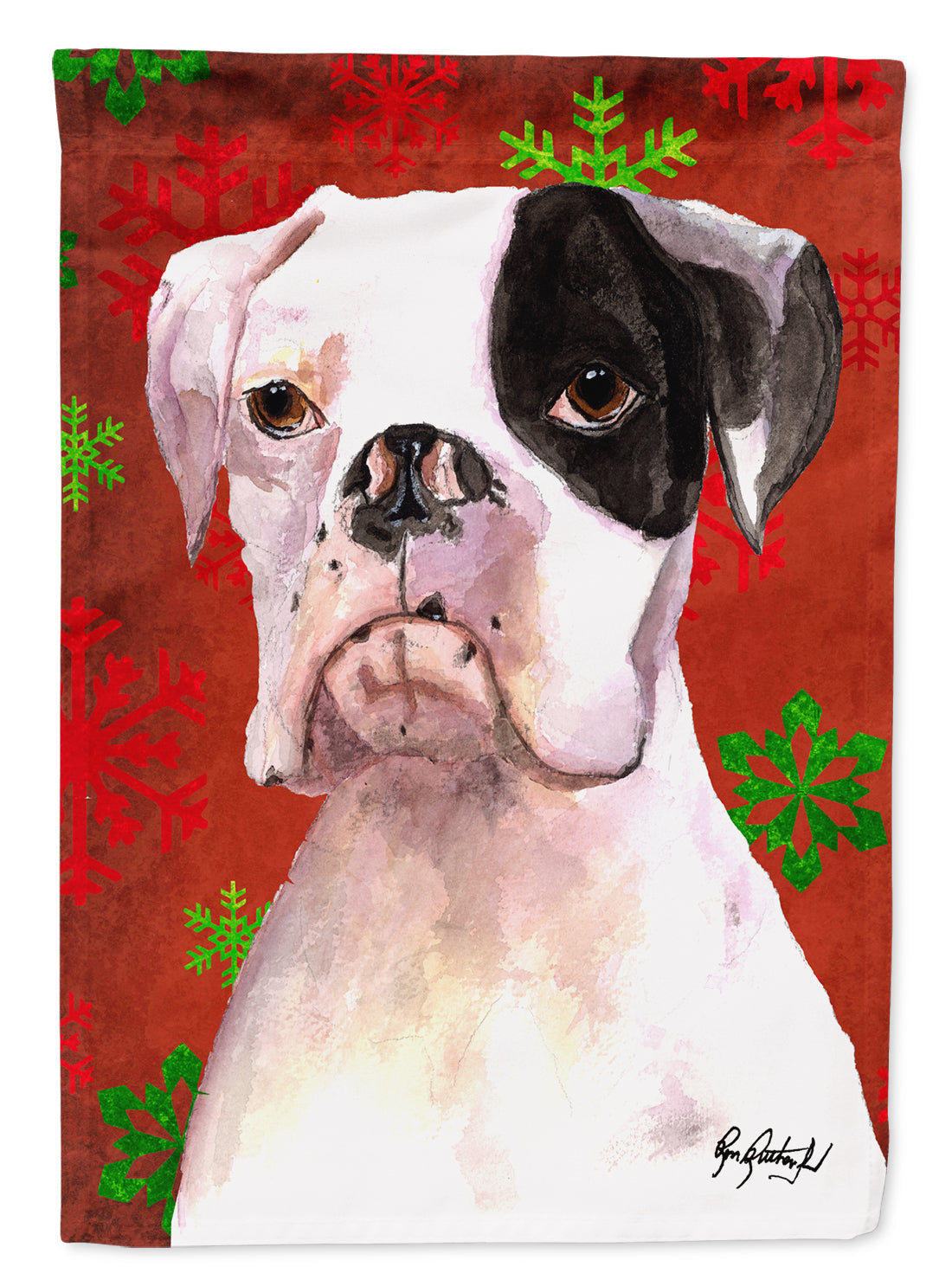 White Boxer Cooper Winter Snowflakes House Flag 28x40 Porch Sleeve Pole Decorative Outside Yard Banner Artwork Wall Hanging, Polyester