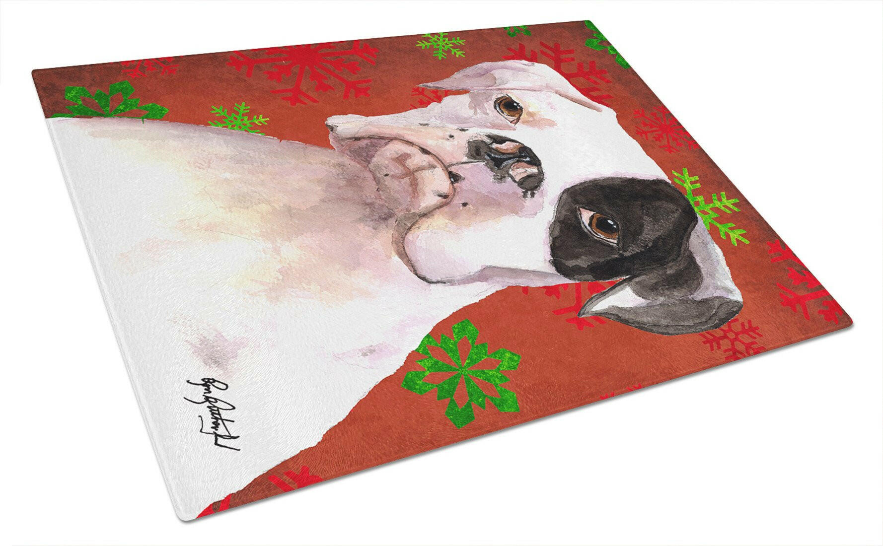 White Boxer Cooper Winter Snowflakes Cutting Board Tempered Glass Kitchen Cutting Surface, Heat Resistant Chopping, Non-Slip Feet, Food Prep & Serving