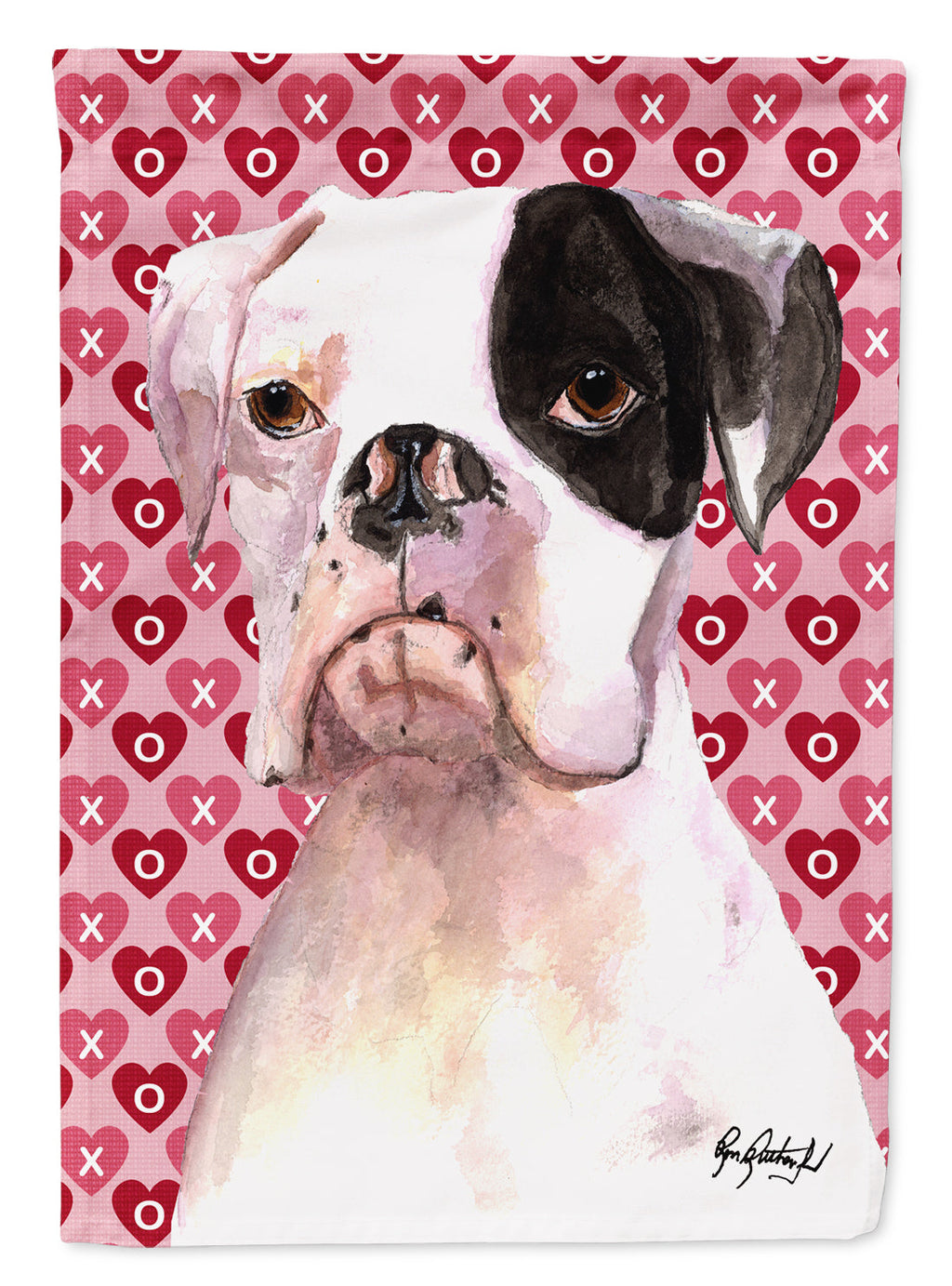 White Boxer Cooper Hearts and Love House Flag 28x40 Porch Sleeve Pole Decorative Outside Yard Banner Artwork Wall Hanging, Polyester