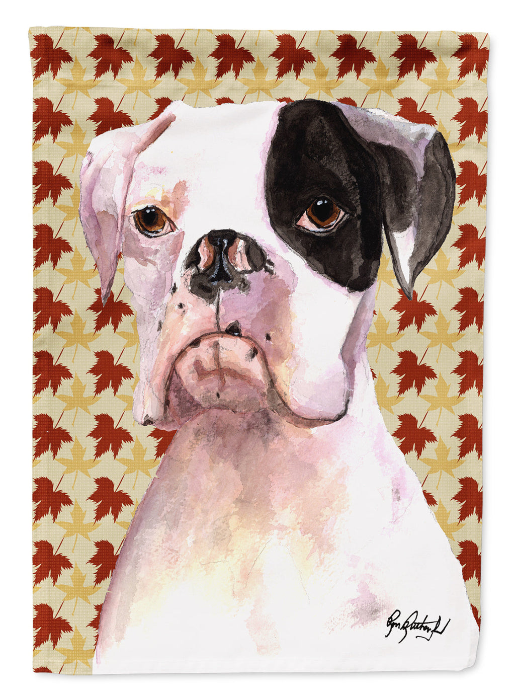 White Boxer Cooper Fall Leaves House Flag 28x40 Porch Sleeve Pole Decorative Outside Yard Banner Artwork Wall Hanging, Polyester