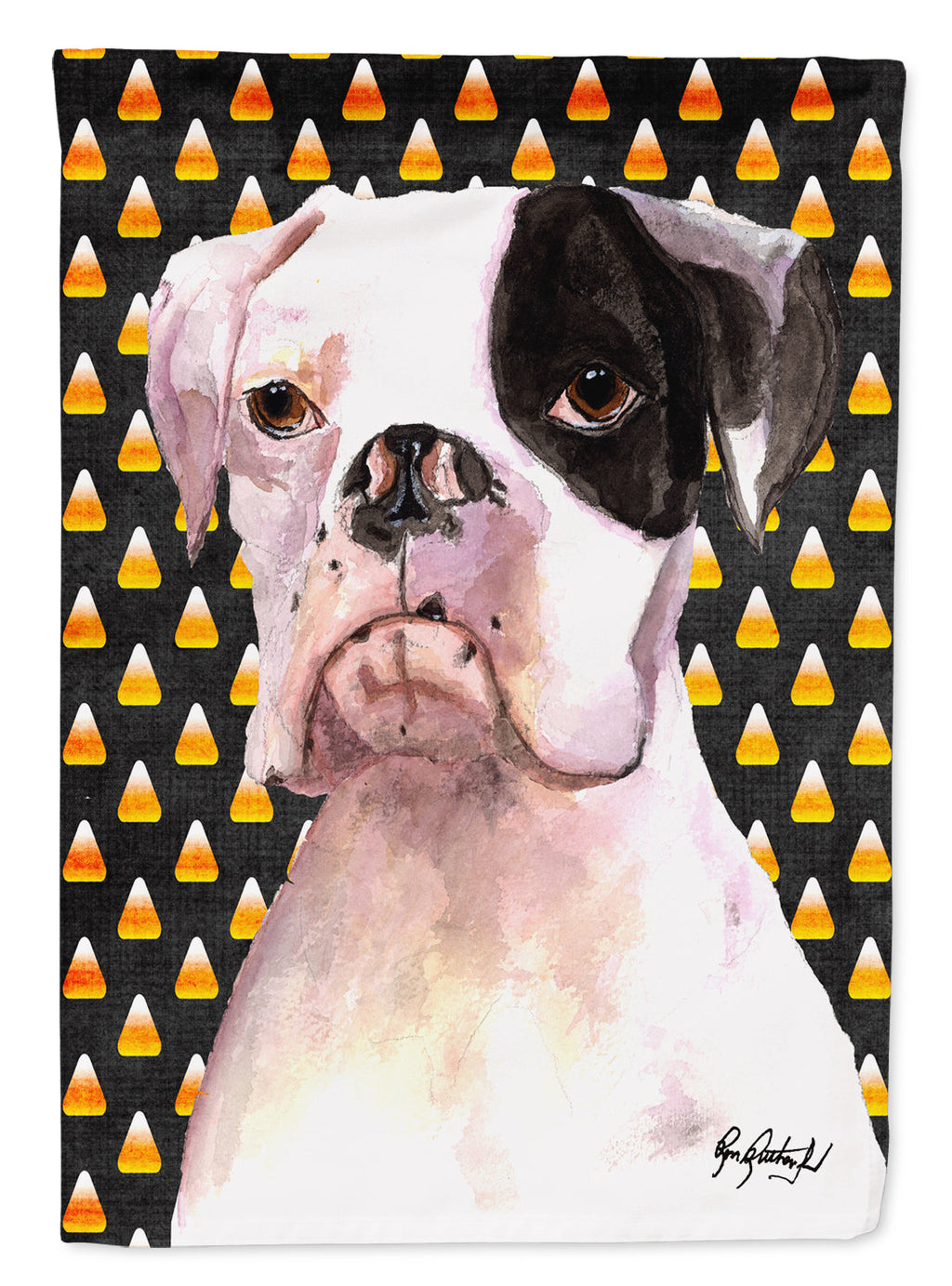 White Boxer Cooper Candy Corn House Flag 28x40 Porch Sleeve Pole Decorative Outside Yard Banner Artwork Wall Hanging, Polyester