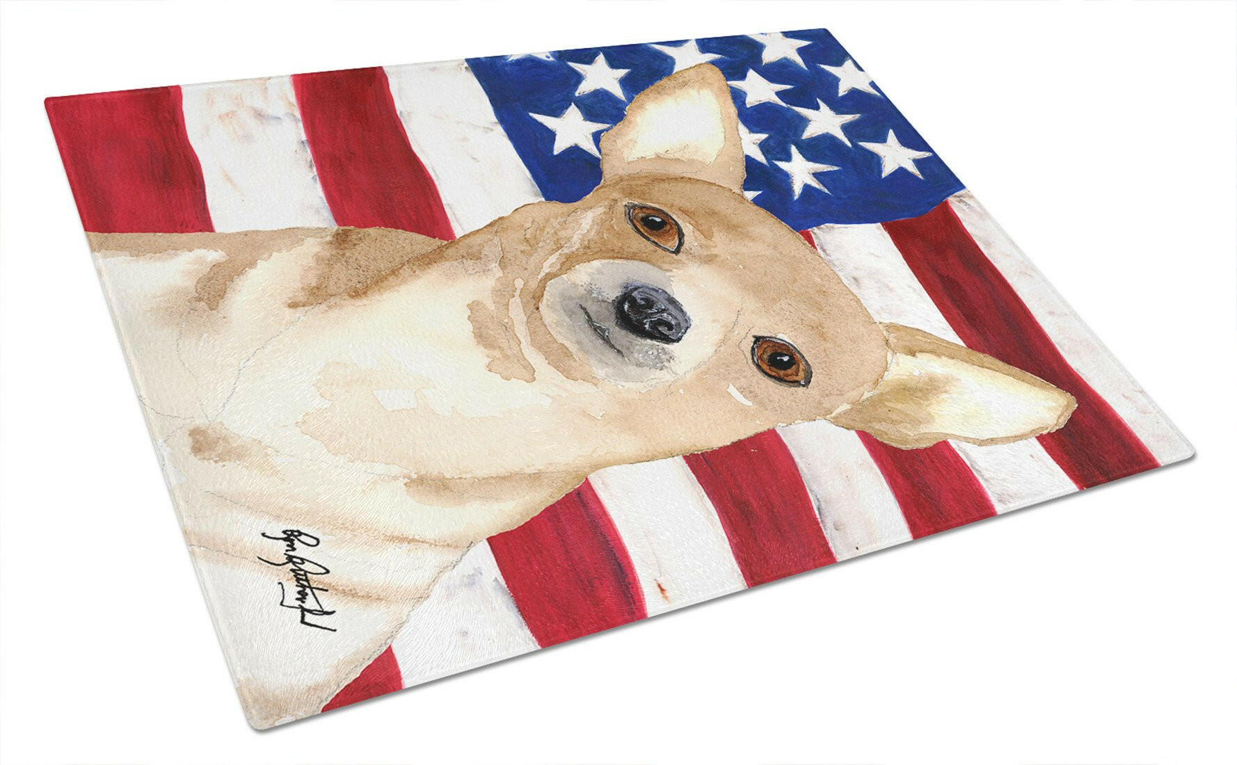 USA American Flag with Chihuahua Cutting Board Tempered Glass Kitchen Cutting Surface, Heat Resistant Chopping, Non-Slip Feet, Food Prep & Serving