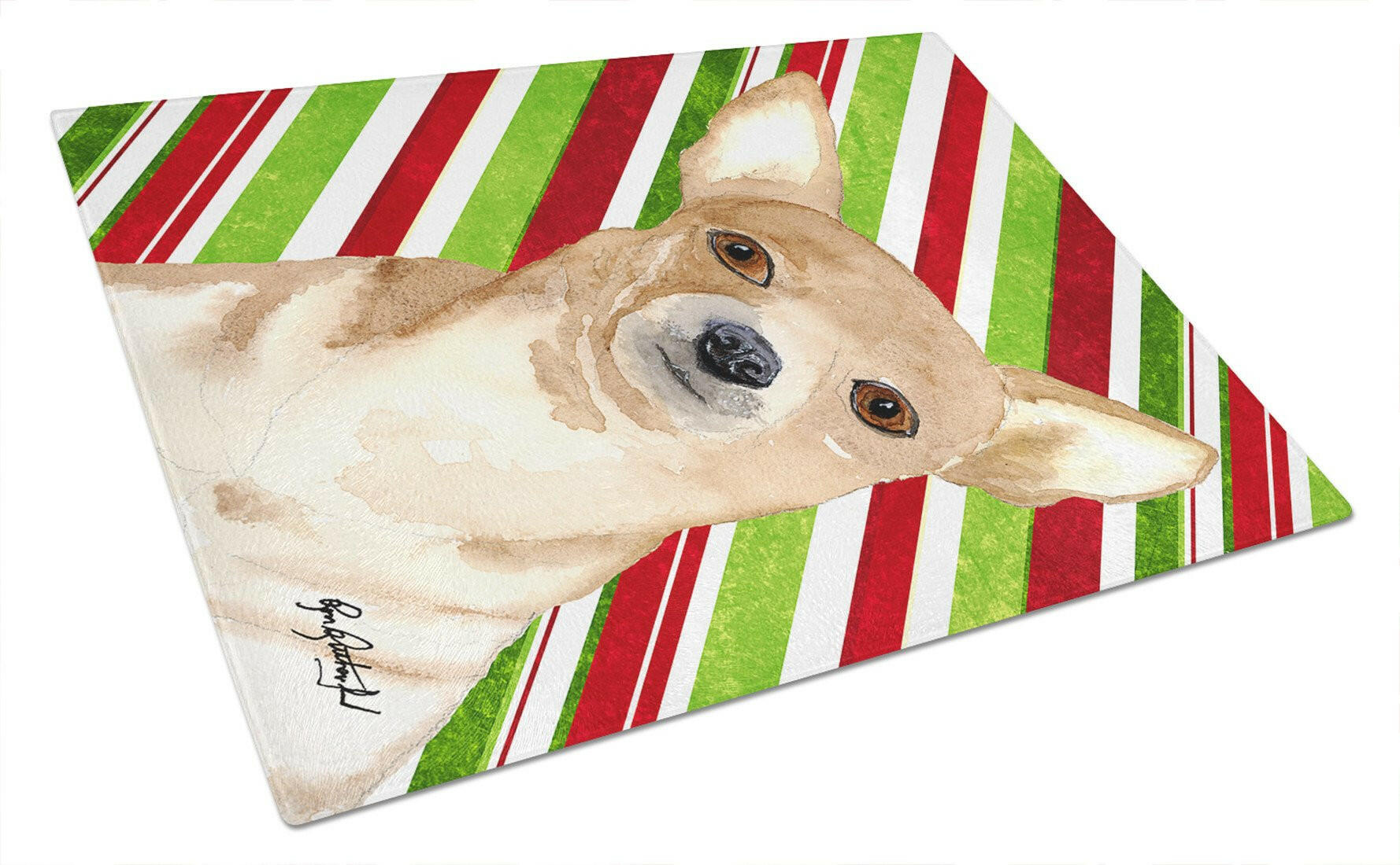 Chihuahua Candy Cane Christmas Cutting Board Tempered Glass Kitchen Cutting Surface, Heat Resistant Chopping, Non-Slip Feet, Food Prep & Serving