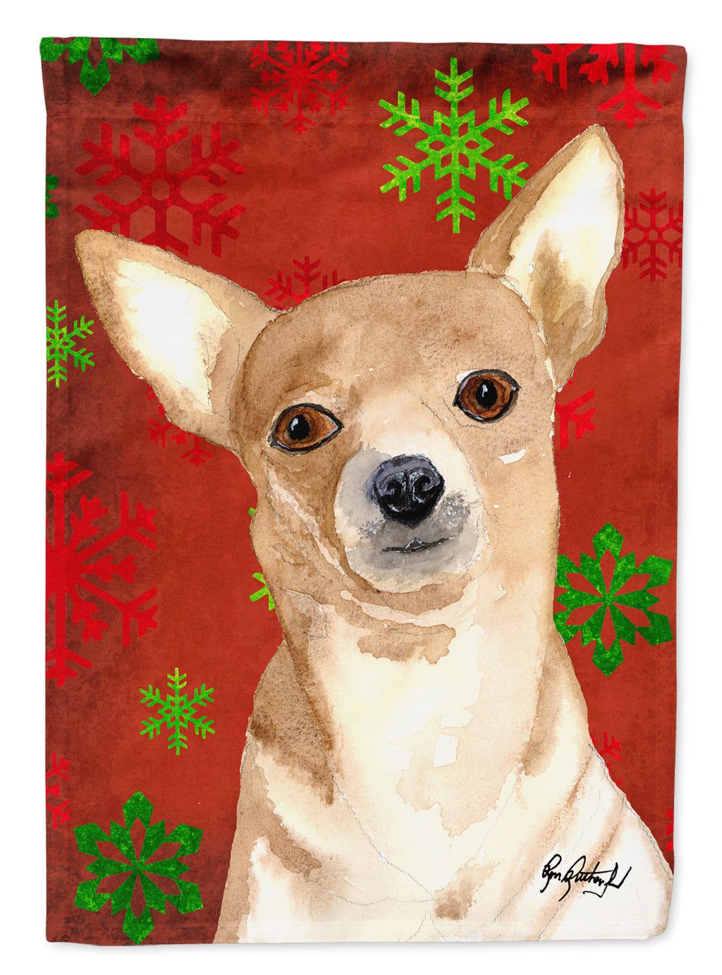 Chihuahua Red Snowflakes House Flag 28x40 Porch Sleeve Pole Decorative Outside Yard Banner Artwork Wall Hanging, Polyester
