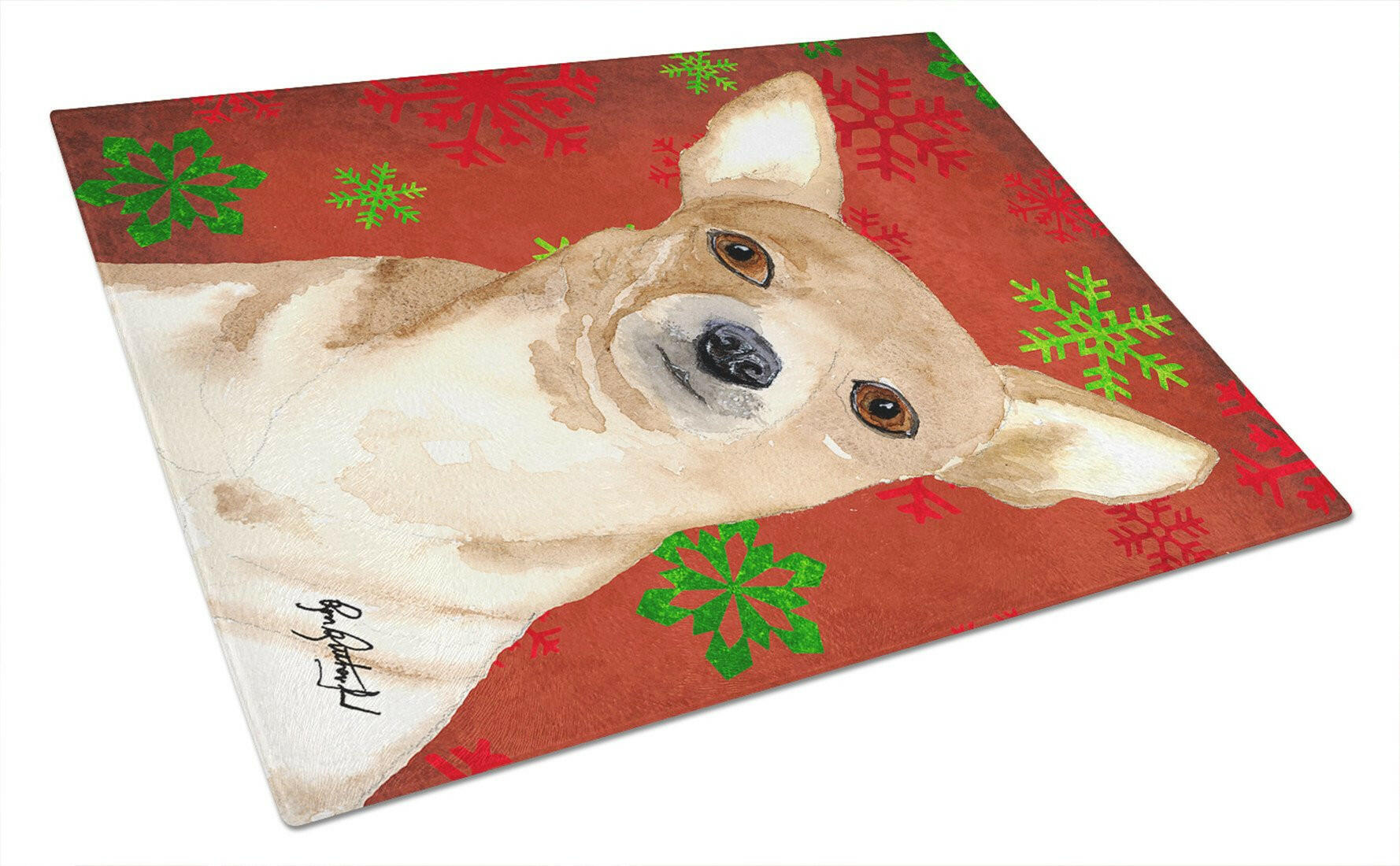 Chihuahua Red Snowflakes Cutting Board Tempered Glass Kitchen Cutting Surface, Heat Resistant Chopping, Non-Slip Feet, Food Prep & Serving