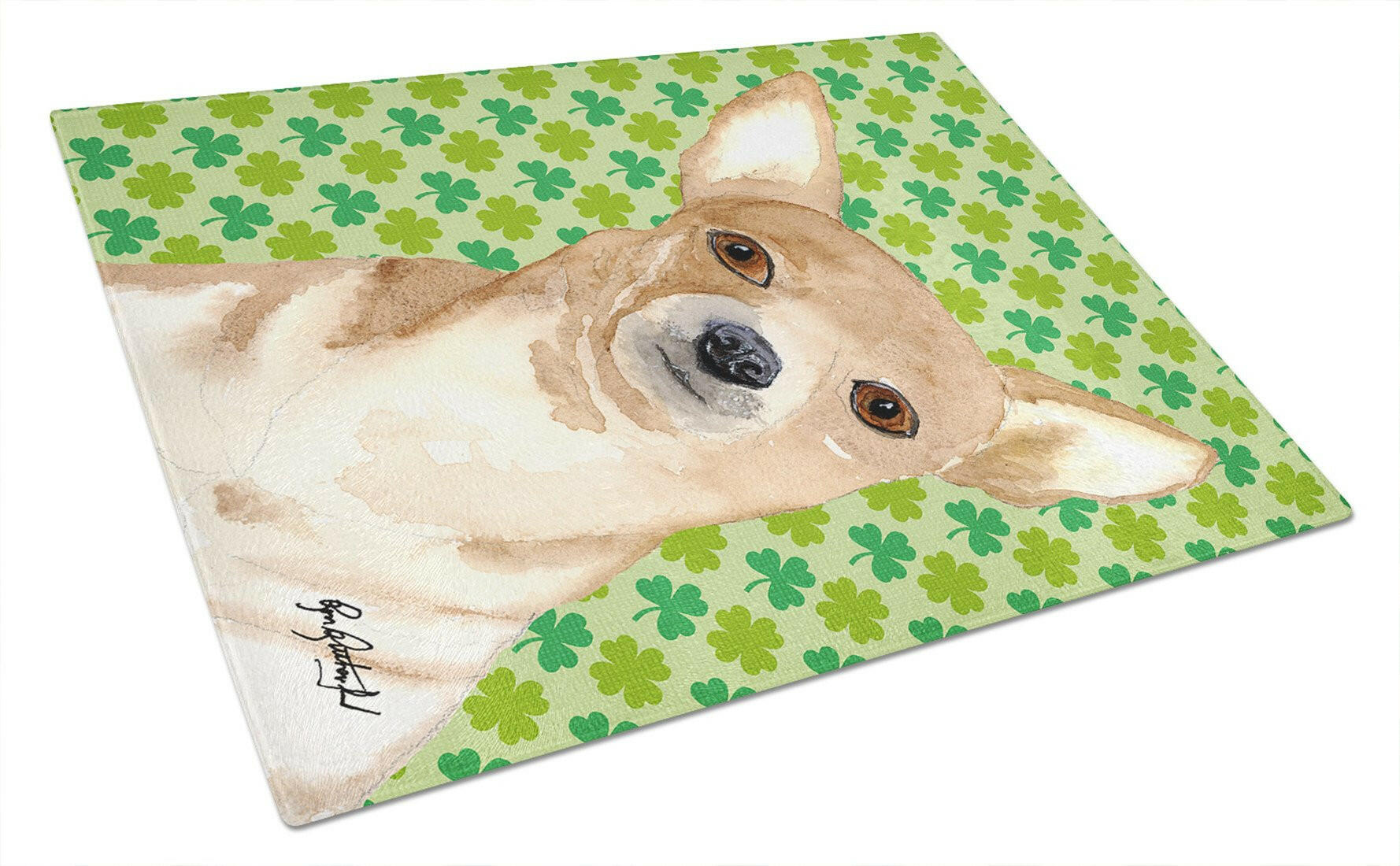 Chihuahua St Patrick's Day Cutting Board Tempered Glass Kitchen Cutting Surface, Heat Resistant Chopping, Non-Slip Feet, Food Prep & Serving