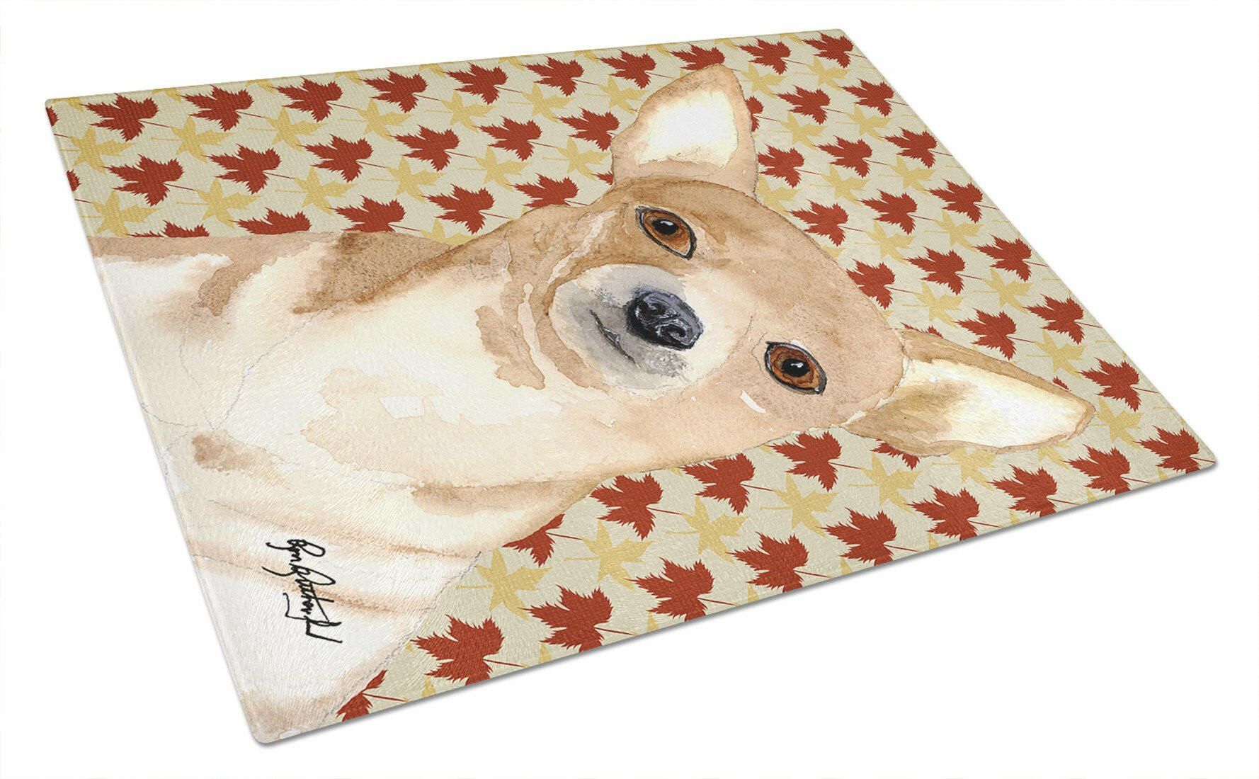Chihuahua Fall Leaves Cutting Board Tempered Glass Kitchen Cutting Surface, Heat Resistant Chopping, Non-Slip Feet, Food Prep & Serving
