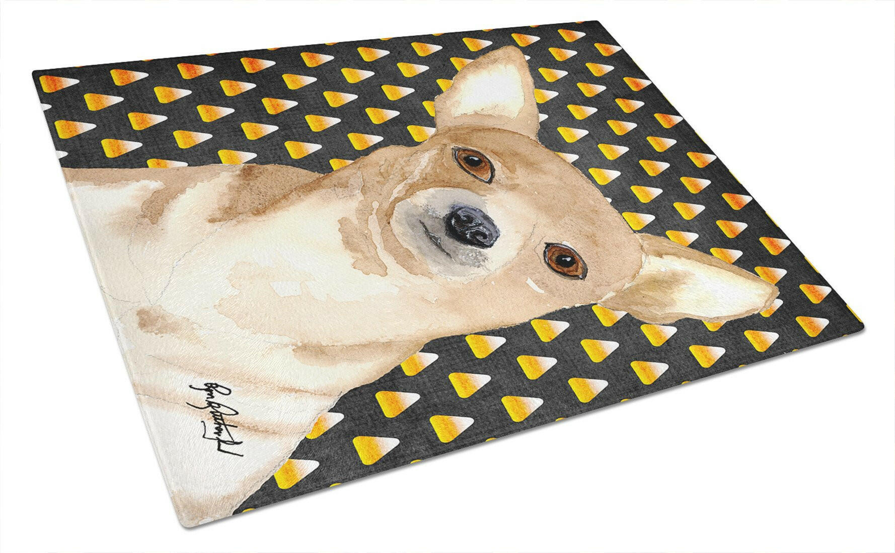Chihuahua Candy Corn Halloween Cutting Board Tempered Glass Kitchen Cutting Surface, Heat Resistant Chopping, Non-Slip Feet, Food Prep & Serving