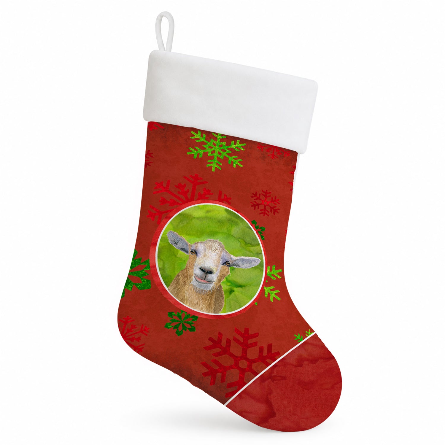 Goat Red Snowflakes Holiday Christmas  Holiday Stocking Double-Sided Print, Polyester Suede,11x18, Made in USA