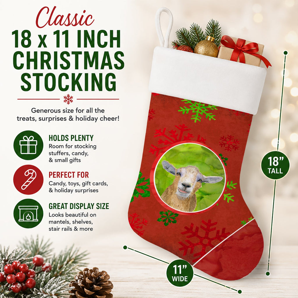 Goat Red Snowflakes Holiday Christmas  Holiday Stocking Double-Sided Print, Polyester Suede,11x18, Made in USA