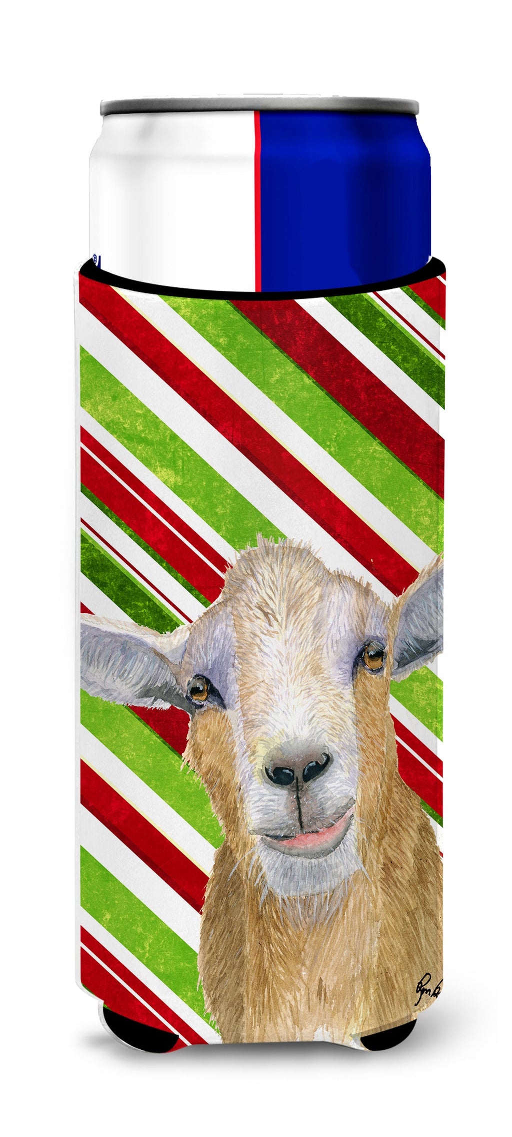 Goat Red Snowflakes Holiday Christmas  Slim Can Hugger , Insulated Foam Hugger for 12 oz Slim Cans, Beer Bottles & Water Bottles, Printed in USA