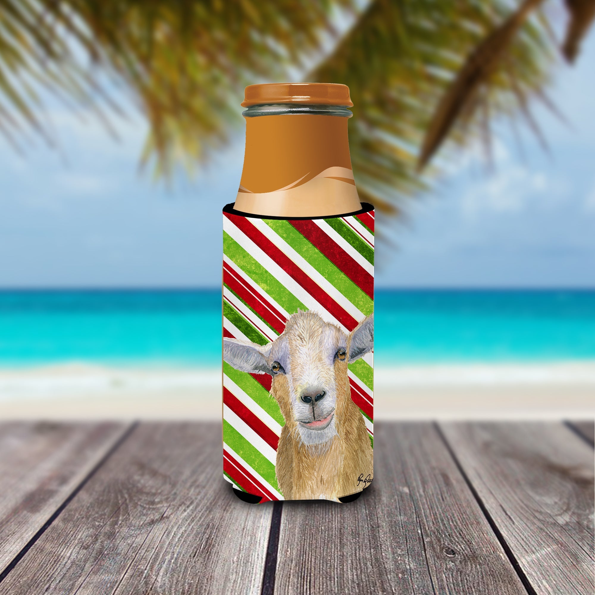 Goat Red Snowflakes Holiday Christmas  Slim Can Hugger , Insulated Foam Hugger for 12 oz Slim Cans, Beer Bottles & Water Bottles, Printed in USA