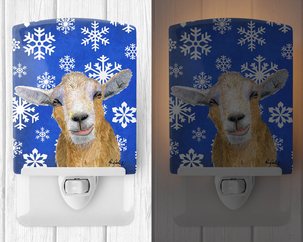 Goat Winter Snowflakes Holiday Ceramic Night Light Compact, UL-Certified, Ideal for Bedroom, Bathroom, Nursery, Hallway, Kitchen, 6x4x3, Multicolor