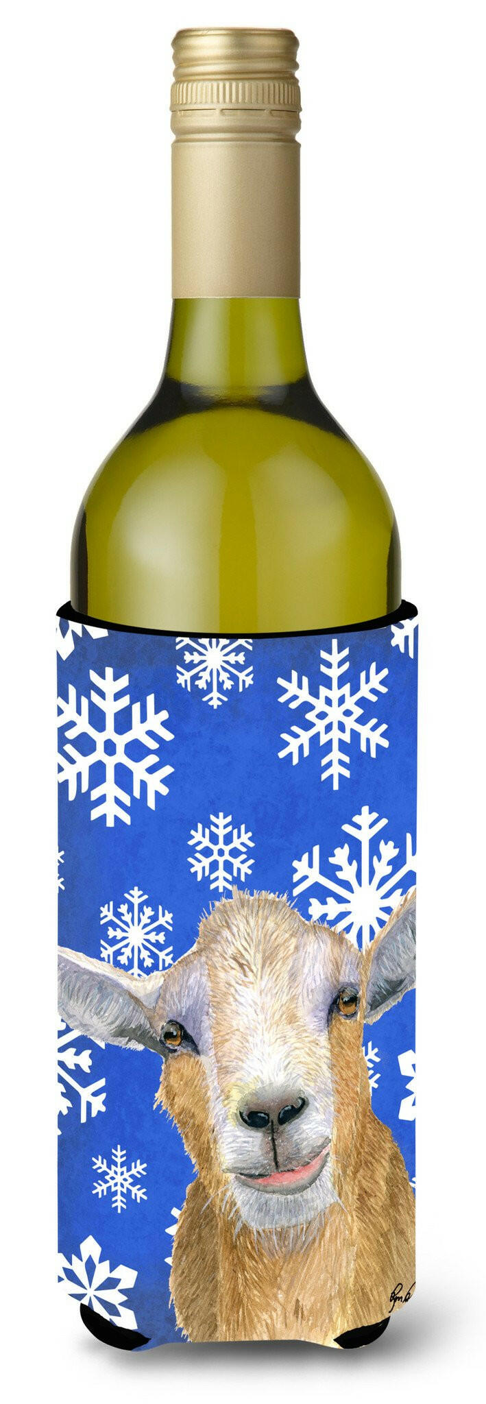 Goat Winter Snowflakes Holiday Wine Bottle Hugger Gift Sleeve for Standard 750 ml Bottles, Insulated Reusable Also Fits Mini Shot & Pint Bottles