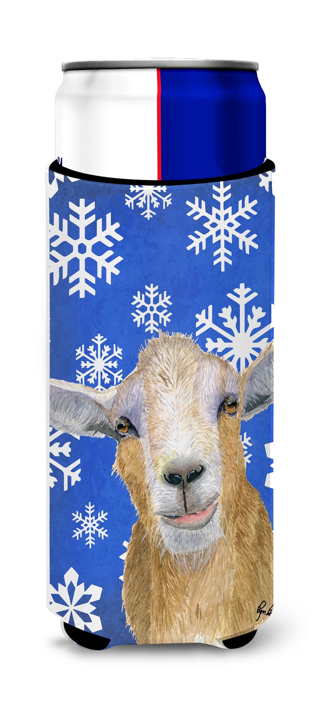 Goat Winter Snowflakes Holiday Slim Can Hugger , Insulated Foam Hugger for 12 oz Slim Cans, Beer Bottles & Water Bottles, Printed in USA
