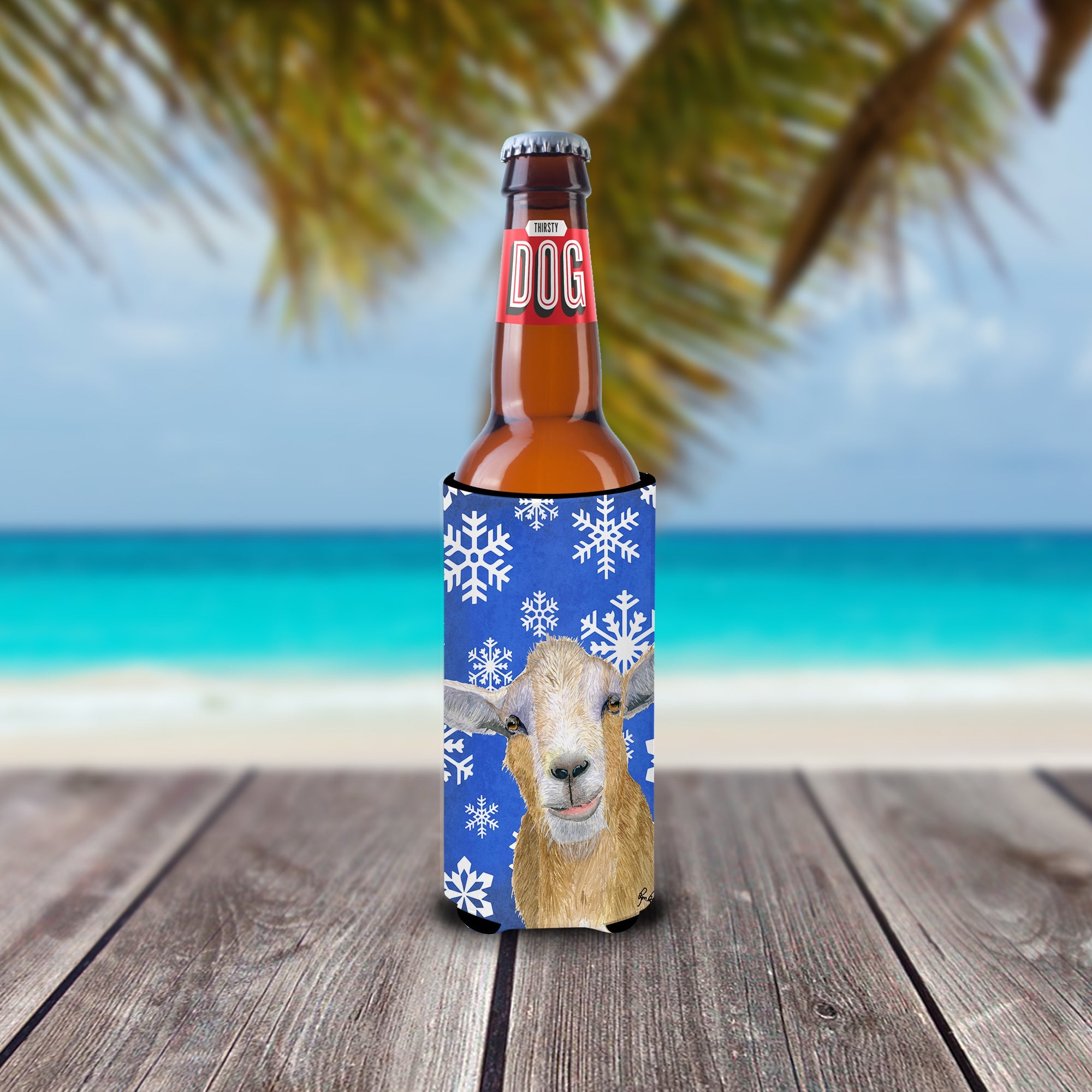 Goat Winter Snowflakes Holiday Slim Can Hugger , Insulated Foam Hugger for 12 oz Slim Cans, Beer Bottles & Water Bottles, Printed in USA