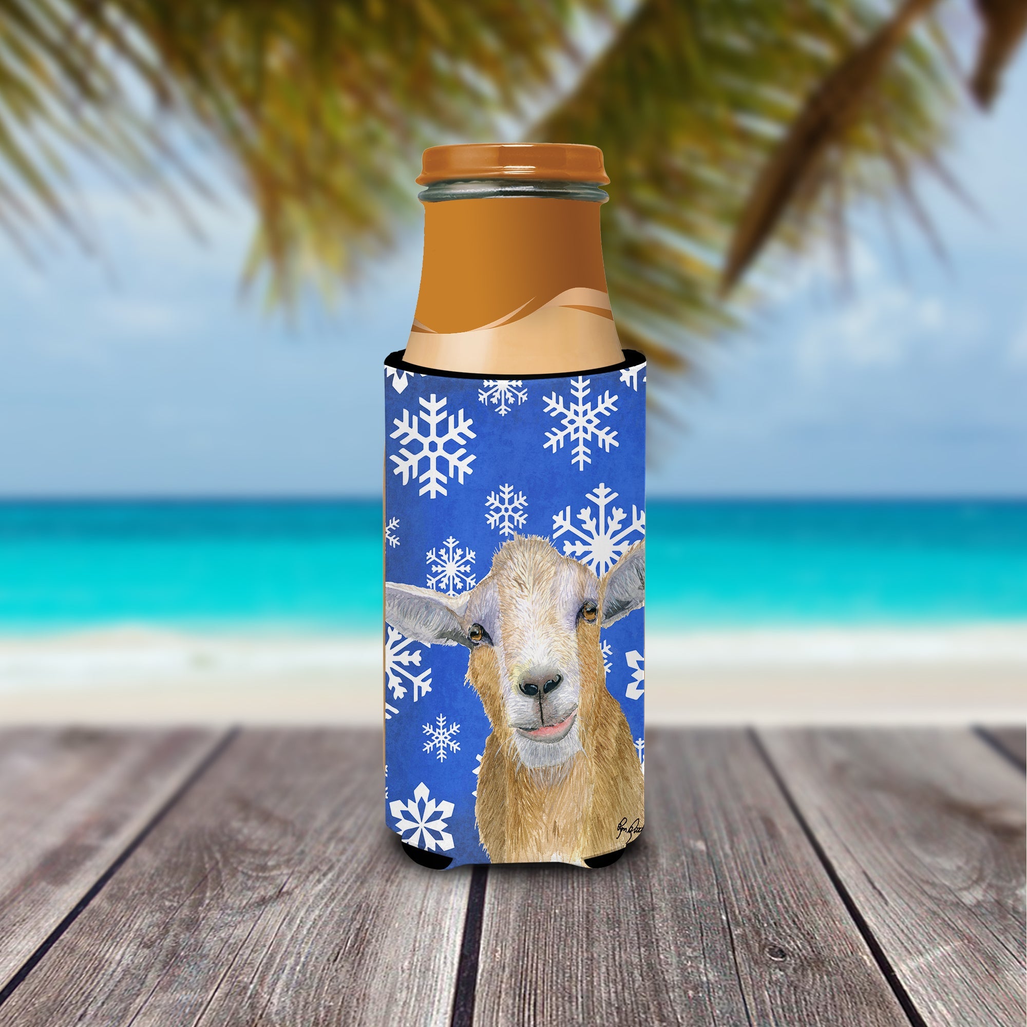 Goat Winter Snowflakes Holiday Slim Can Hugger , Insulated Foam Hugger for 12 oz Slim Cans, Beer Bottles & Water Bottles, Printed in USA